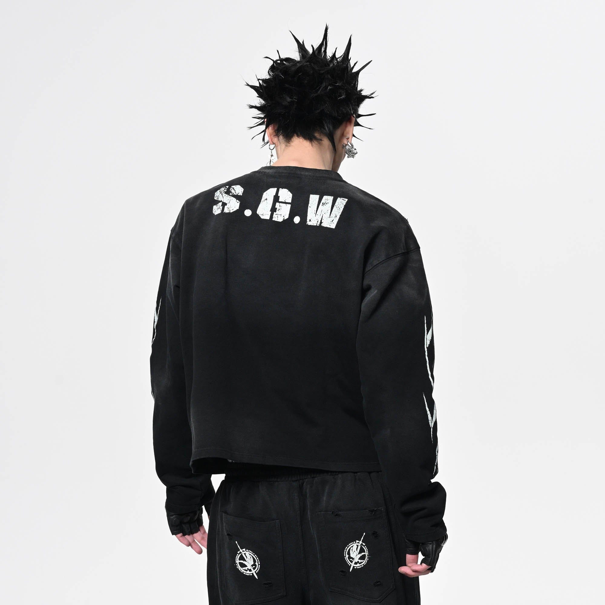 SAVAGEGROWTHWORLD No.5 Distressed Long-Sleeve Tee-L/S Tee-S-Blue-Free Shipping Leatheretro