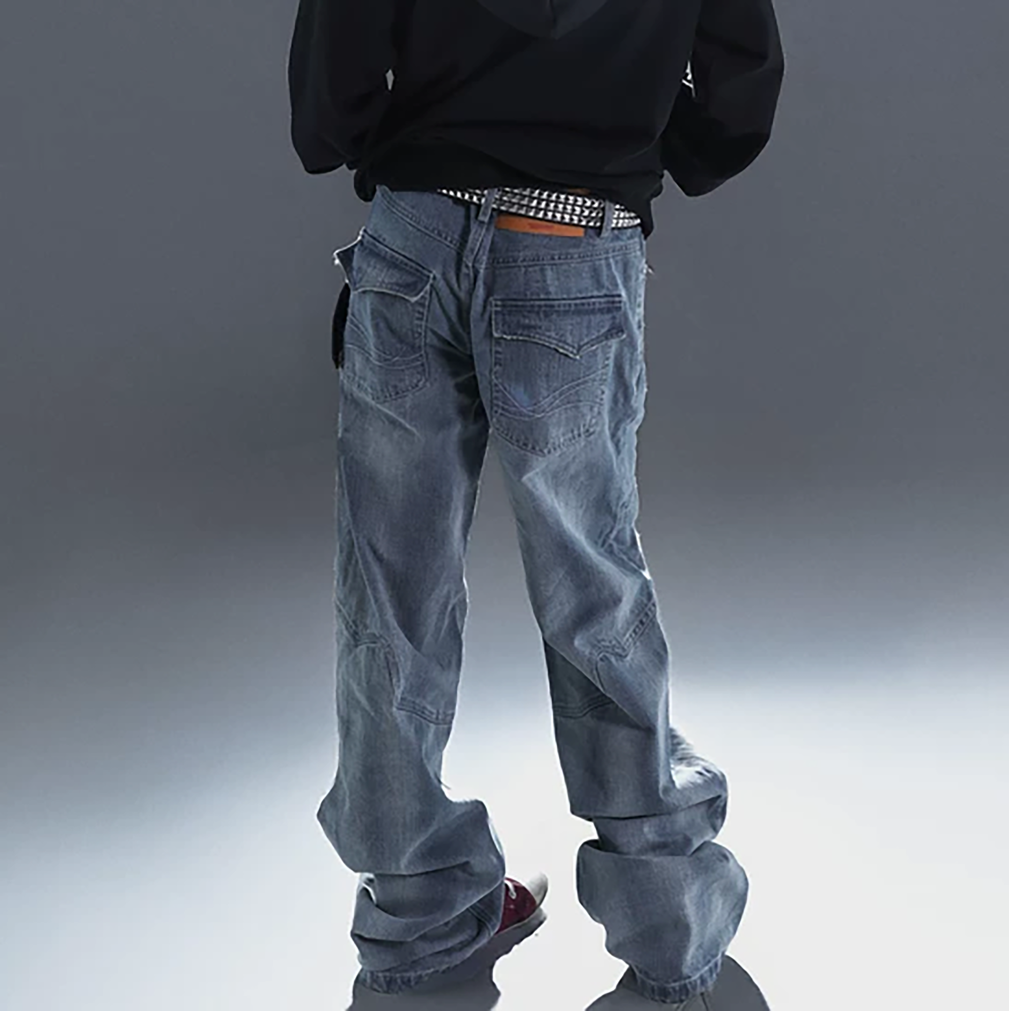 PCCVISION Washed Paneled Straight-Leg Denim-Jeans-S-Black-Free Shipping Leatheretro