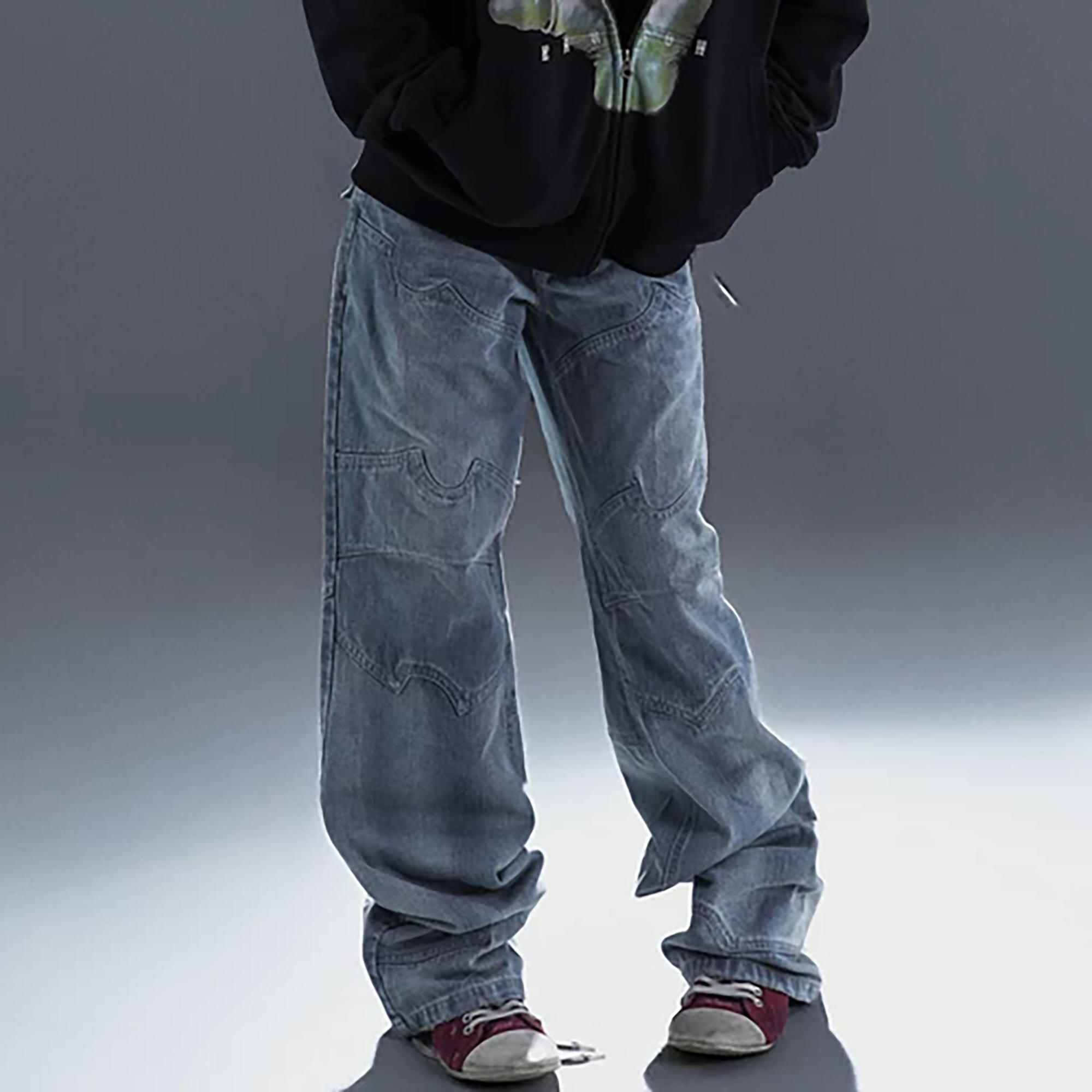 PCCVISION Washed Paneled Straight-Leg Denim-Jeans-S-Blue-Free Shipping Leatheretro