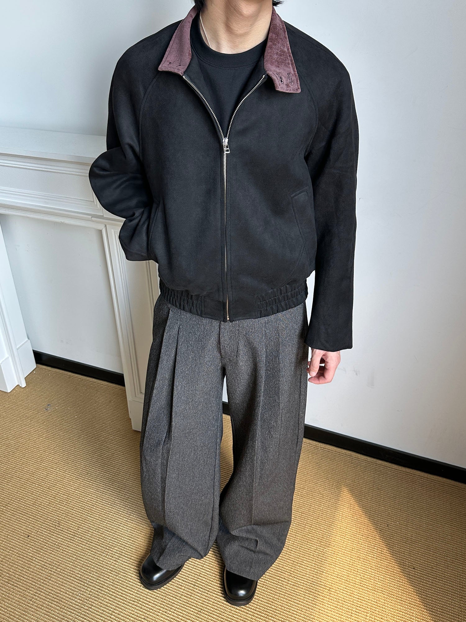 OKAYTHXBYE Contrast Collar Suede Jacket-Jacket-S-Black-Free Shipping Leatheretro