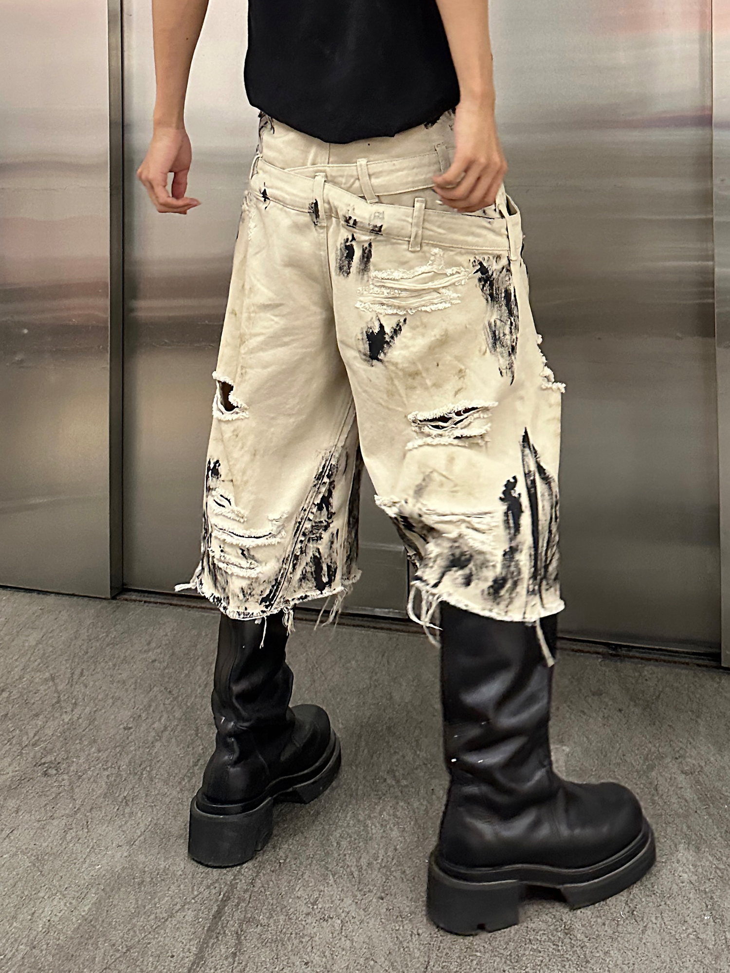 TH4SWE Painted Waxed Panel Raw-Edge Shorts-Shorts-S-Free Shipping Leatheretro