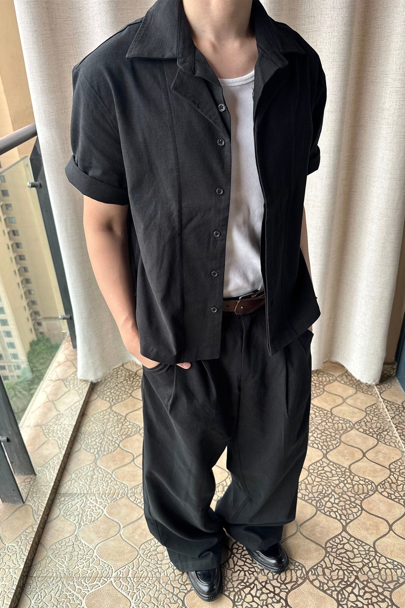 OKAYTHXBYE Faux-Layer Stitch Half Shirt-Half shirt-S-White-Free Shipping Leatheretro