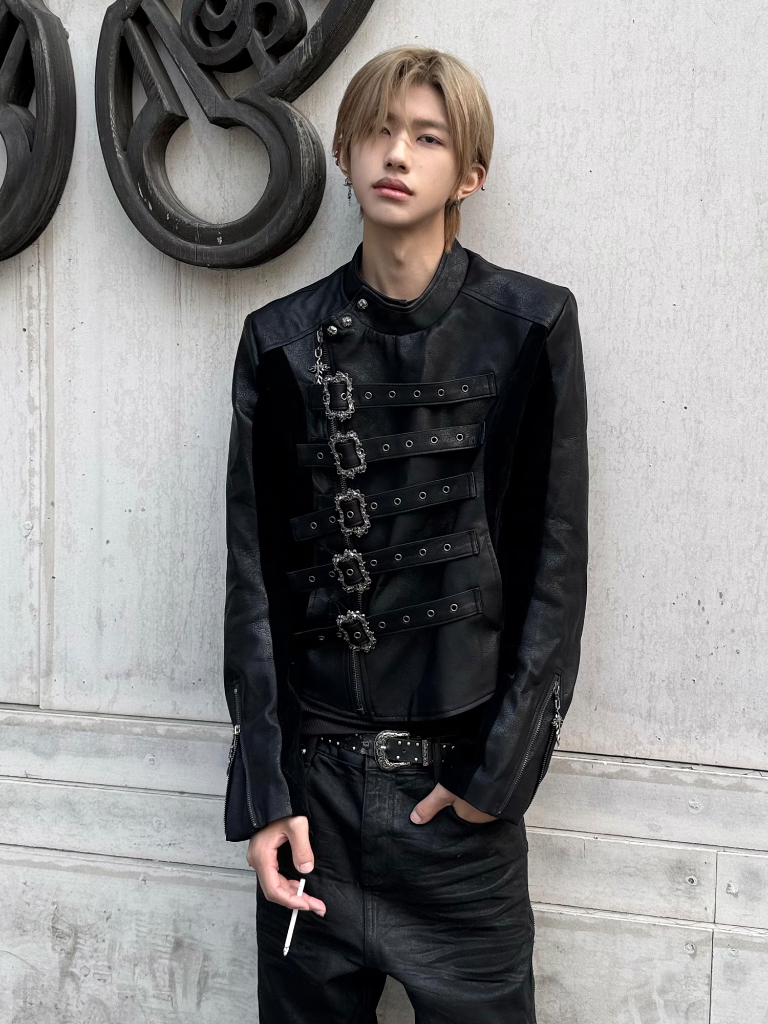 TH4SWE Retro Ornate Buckled Faux Leather Jacket-Jacket-S-Free Shipping Leatheretro