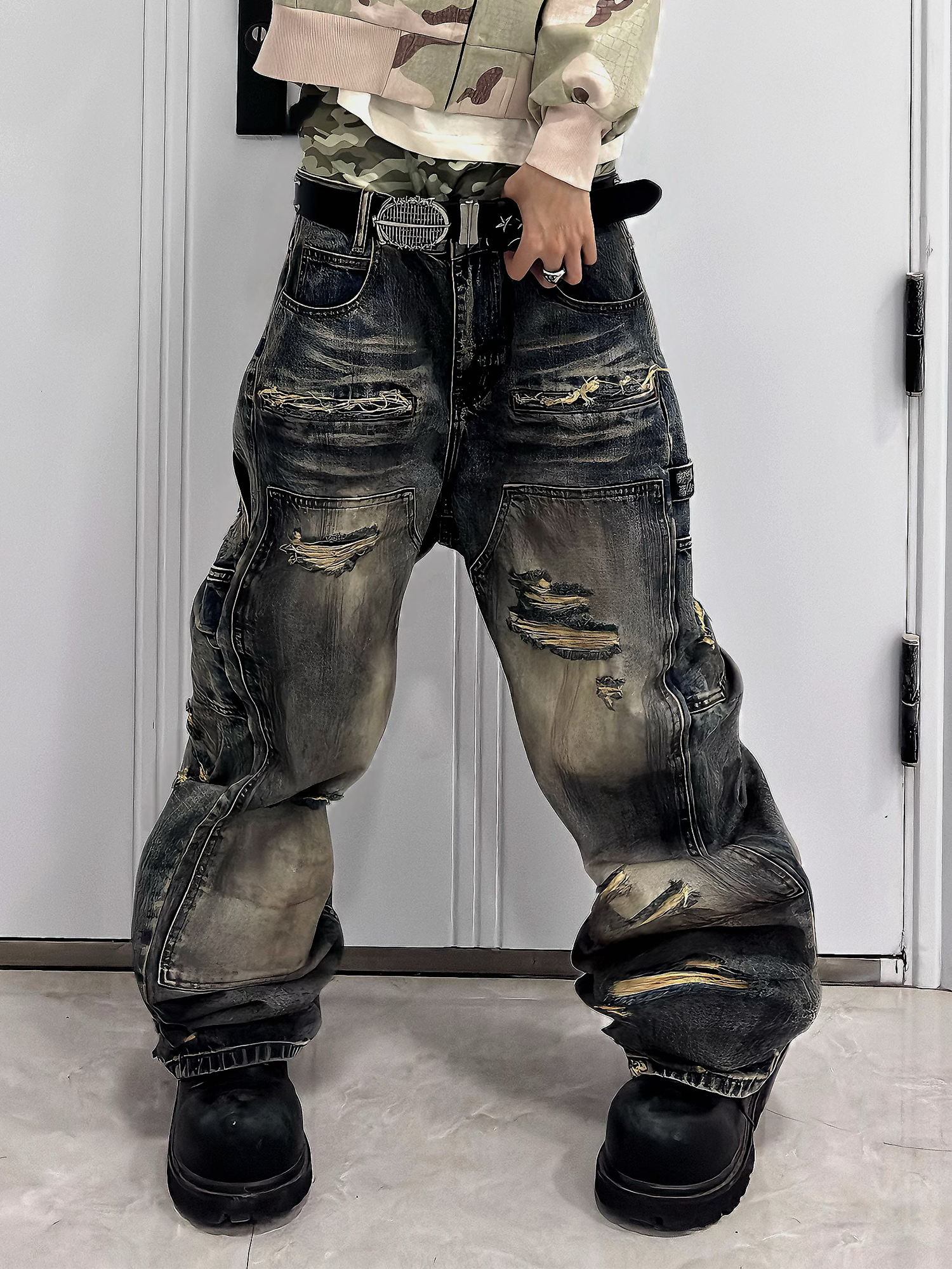TH4SWE Distressed Heavy-Wash Wide-Leg Jeans-Jeans-S-Free Shipping Leatheretro