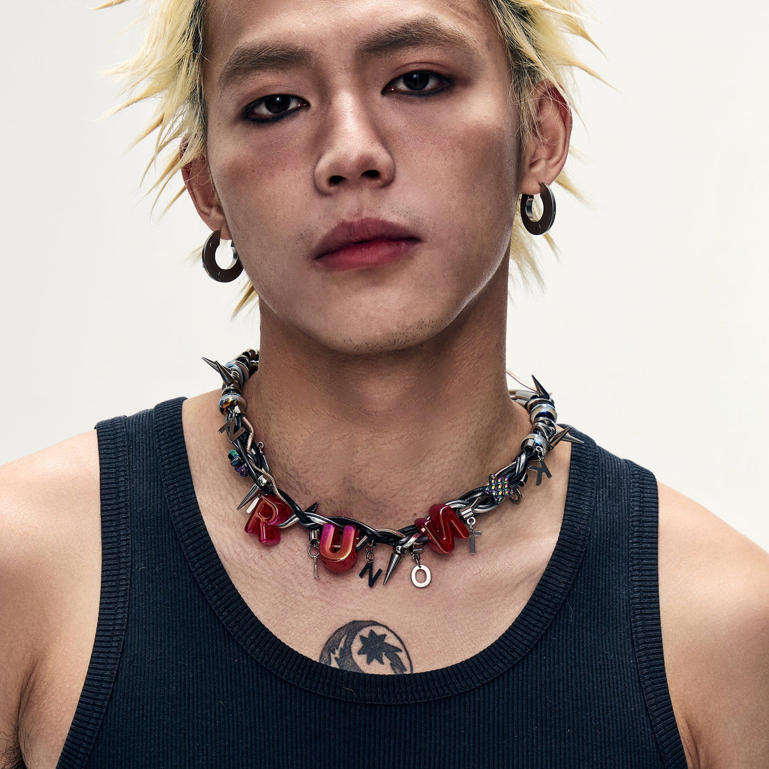 NUNKNOTX Bubble Letter Spiked Choker-Earring-Standard Length (Preorder)-Red-Free Shipping Leatheretro