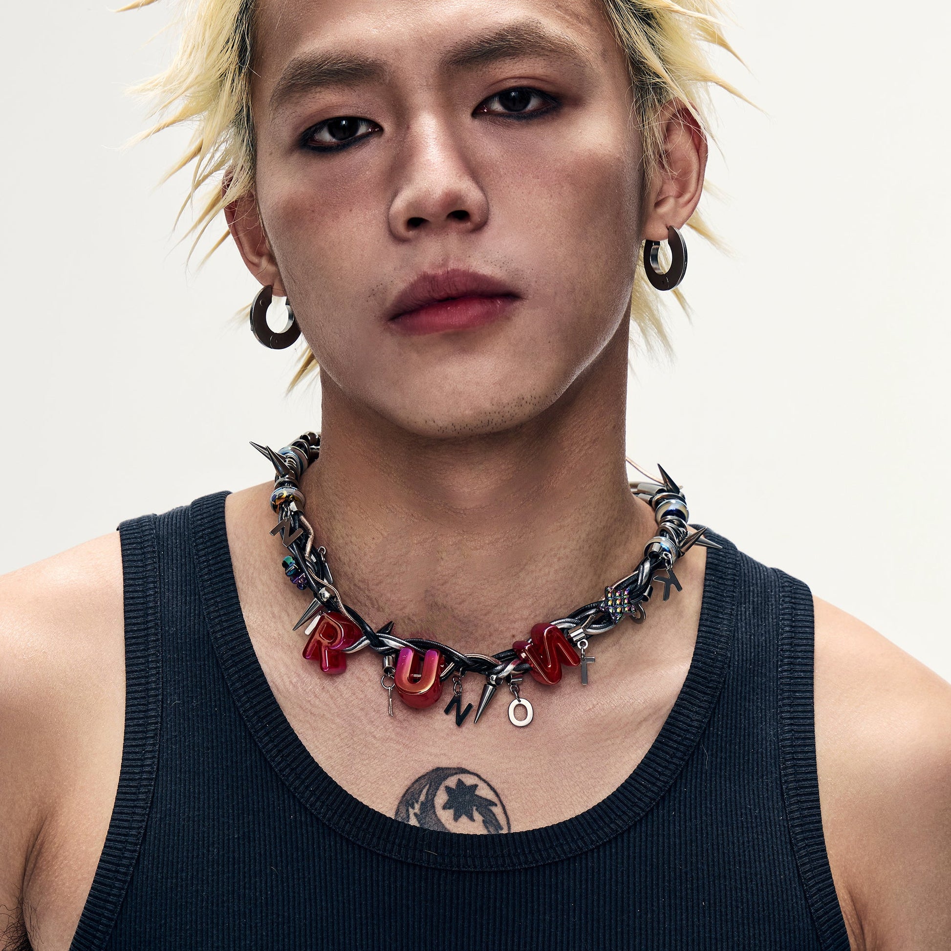 NUNKNOTX Bubble Letter Spiked Choker-Earring-Standard Length (Preorder)-Red-Free Shipping Leatheretro
