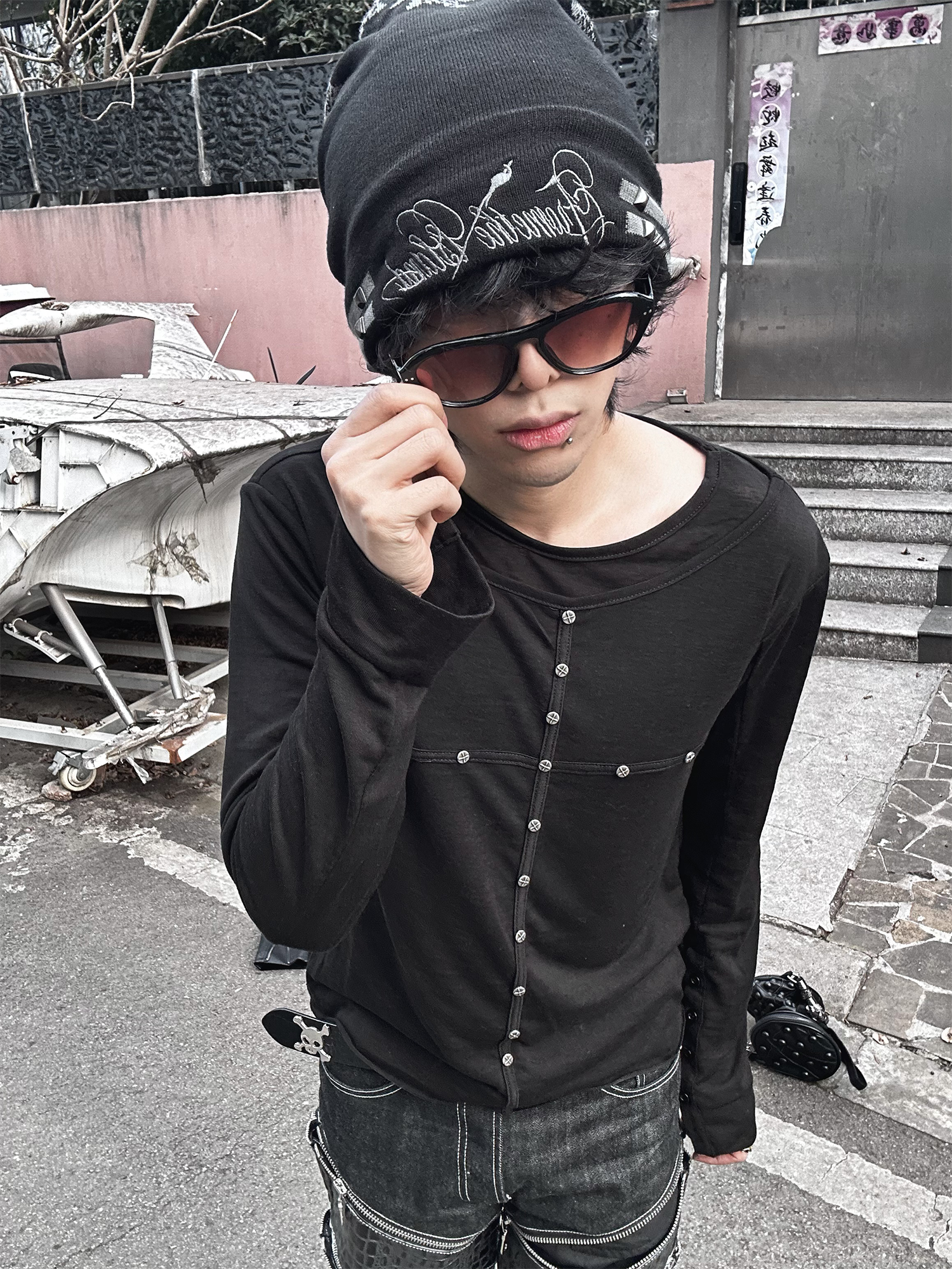 TH4SWE Layered-Collar Studded Henley Long-Sleeve Tee-L/S Tee-S-Free Shipping Leatheretro