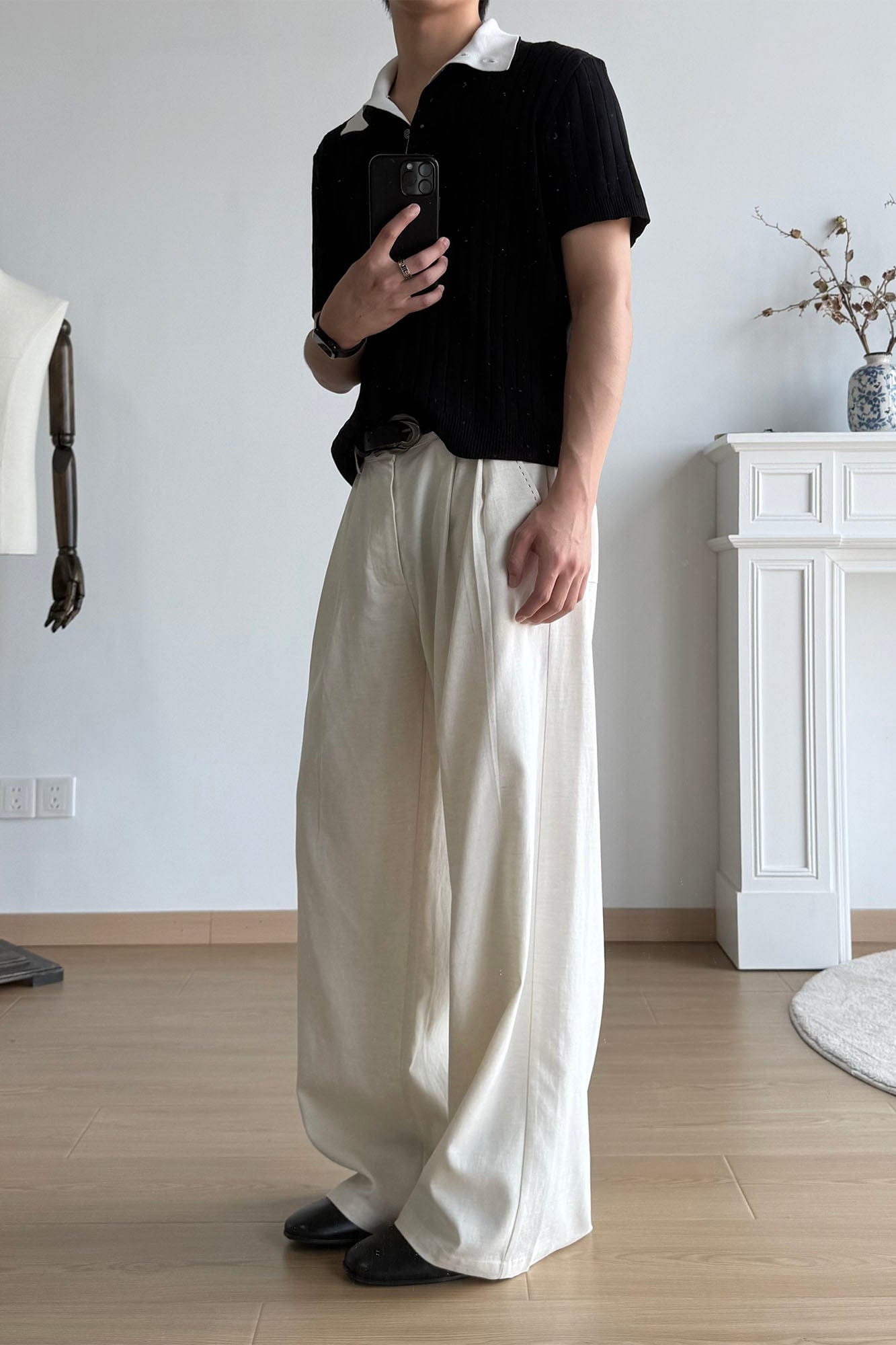 OKAYTHXBYE Pleated Linen-Blend Wide-Leg Trousers-Pants-S-White-Free Shipping Leatheretro