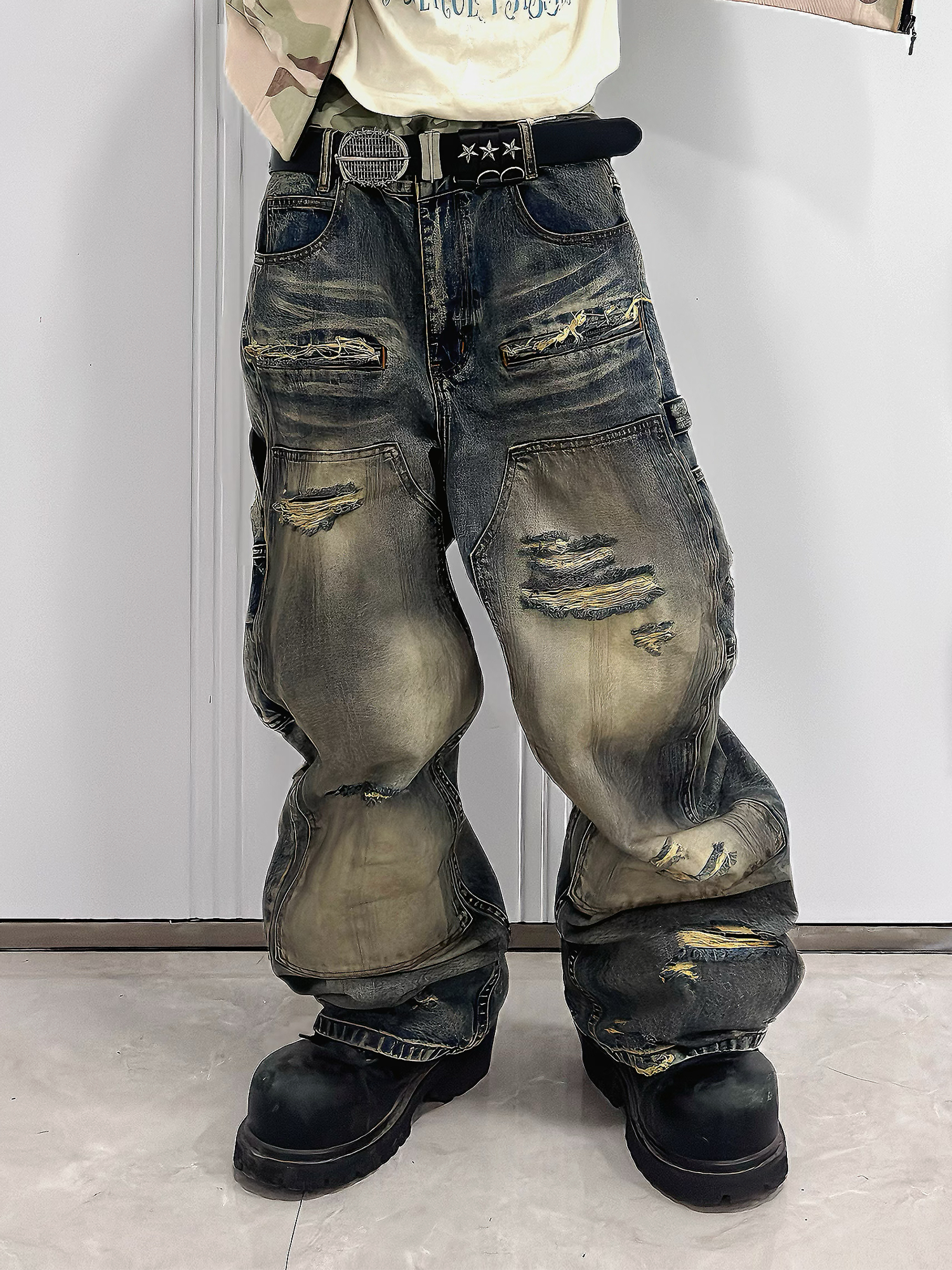 TH4SWE Distressed Heavy-Wash Wide-Leg Jeans-Jeans-S-Free Shipping Leatheretro