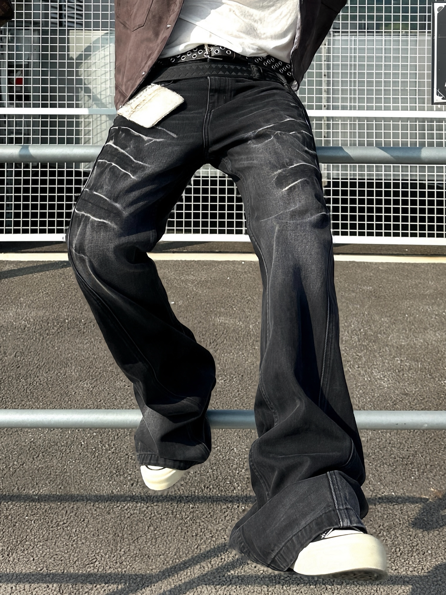 TH4SWE Washed Cracked Whisker Flared Jeans-Jeans-XS-Free Shipping Leatheretro