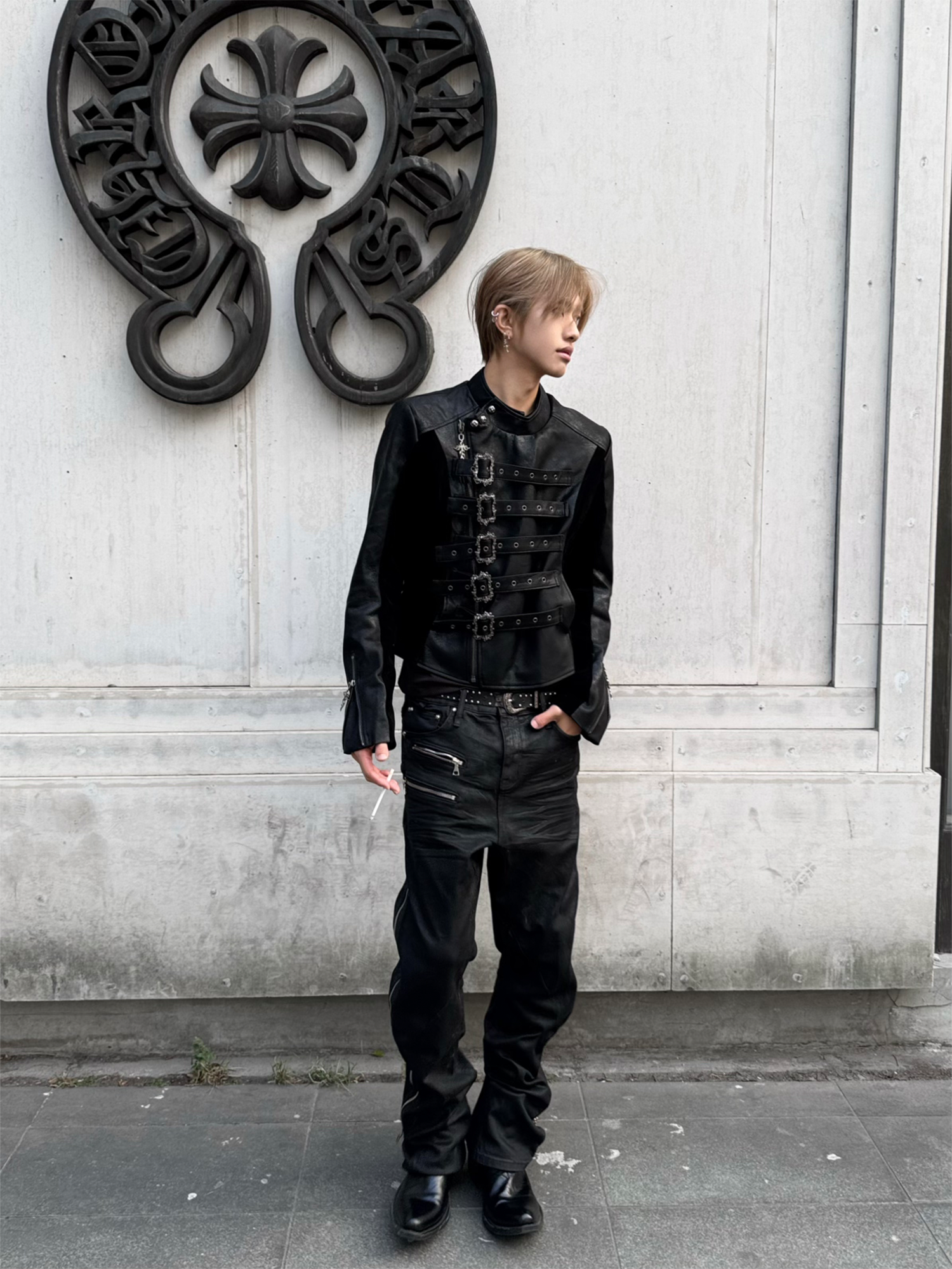 TH4SWE Retro Ornate Buckled Faux Leather Jacket-Jacket-S-Free Shipping Leatheretro