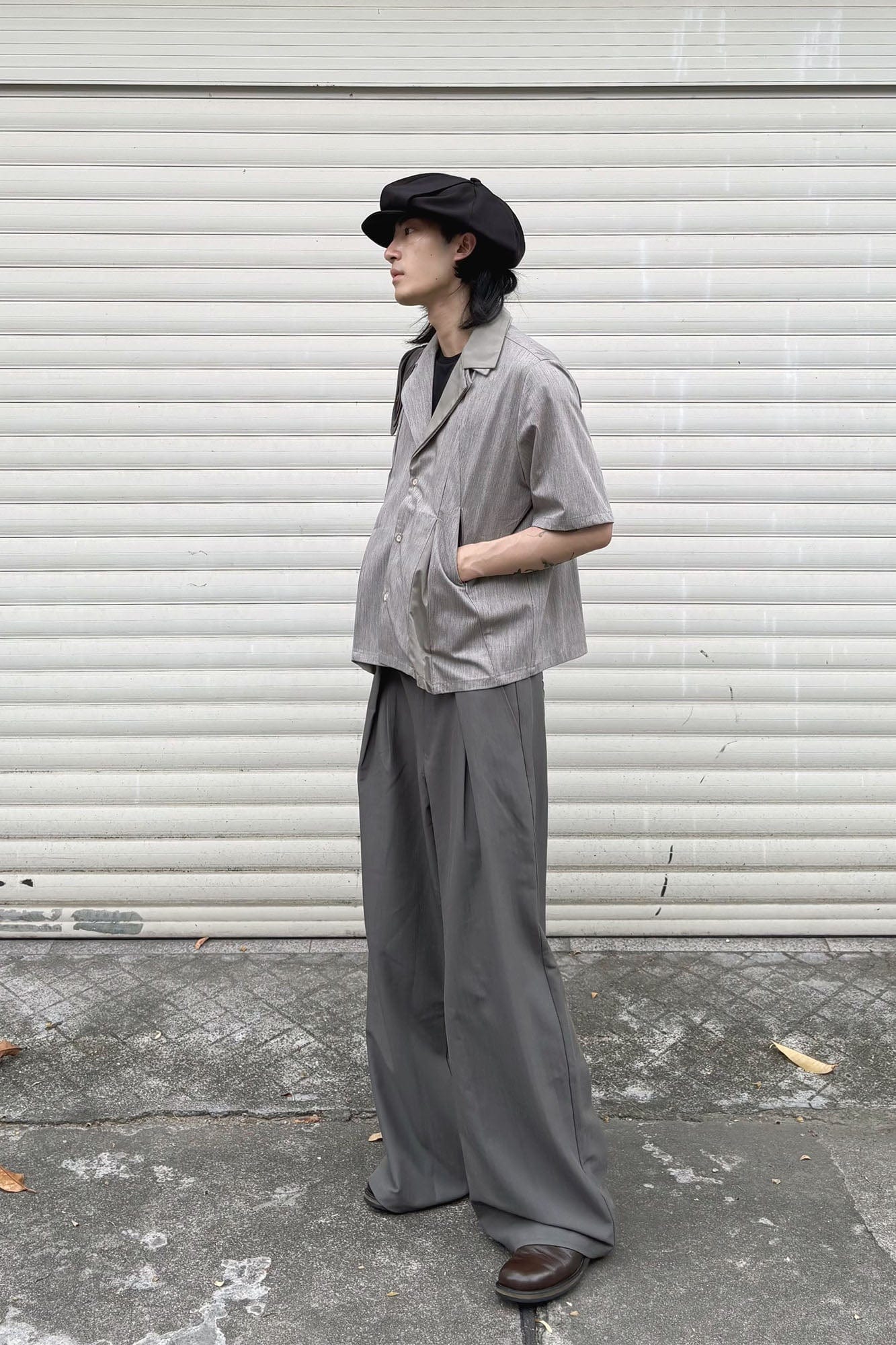 OKAYTHXBYE Pleated Shadow-Stripe Oversized Pants-Pants-S-Gray-Free Shipping Leatheretro