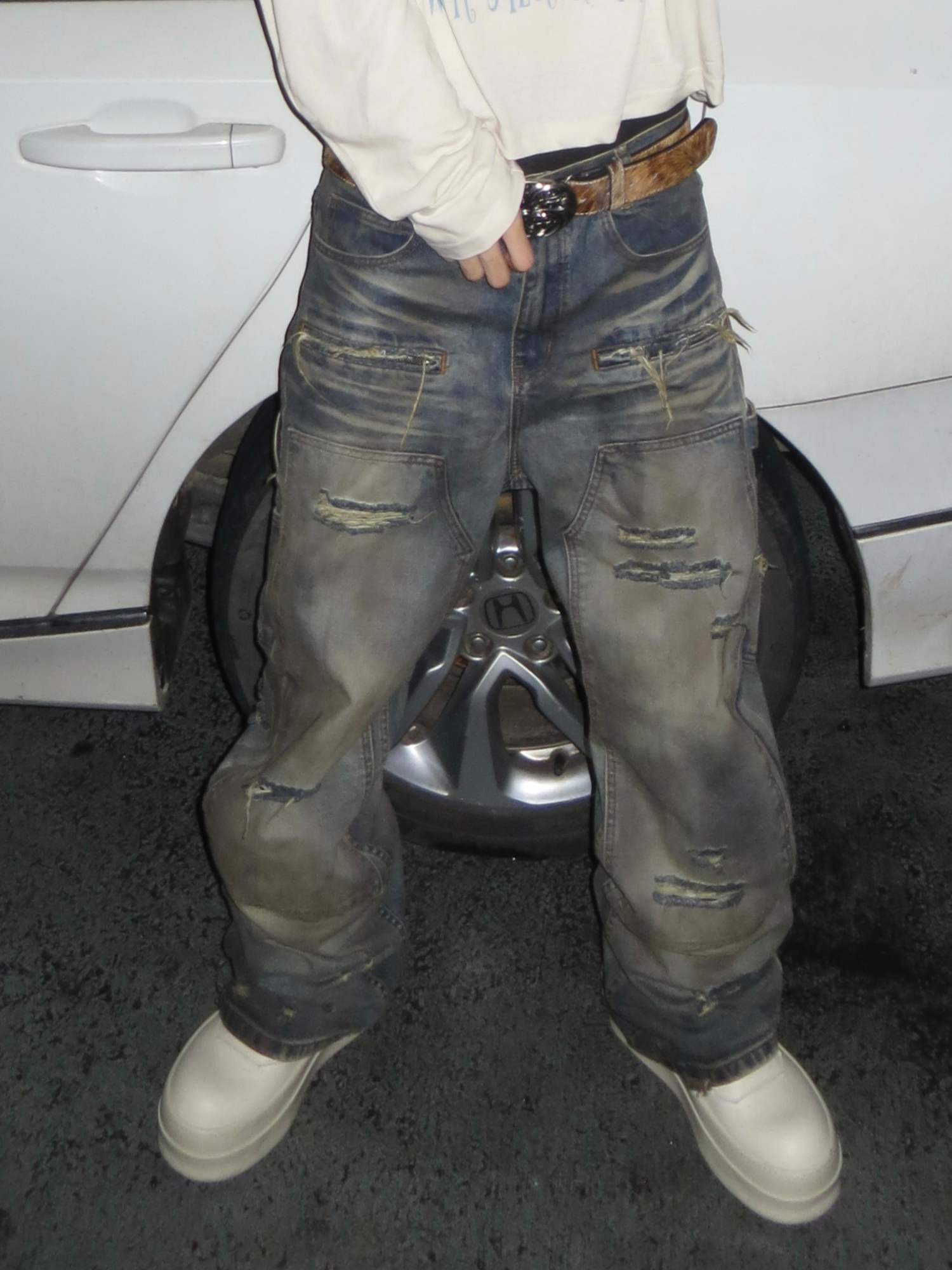 TH4SWE Distressed Heavy-Wash Wide-Leg Jeans-Jeans-S-Free Shipping Leatheretro