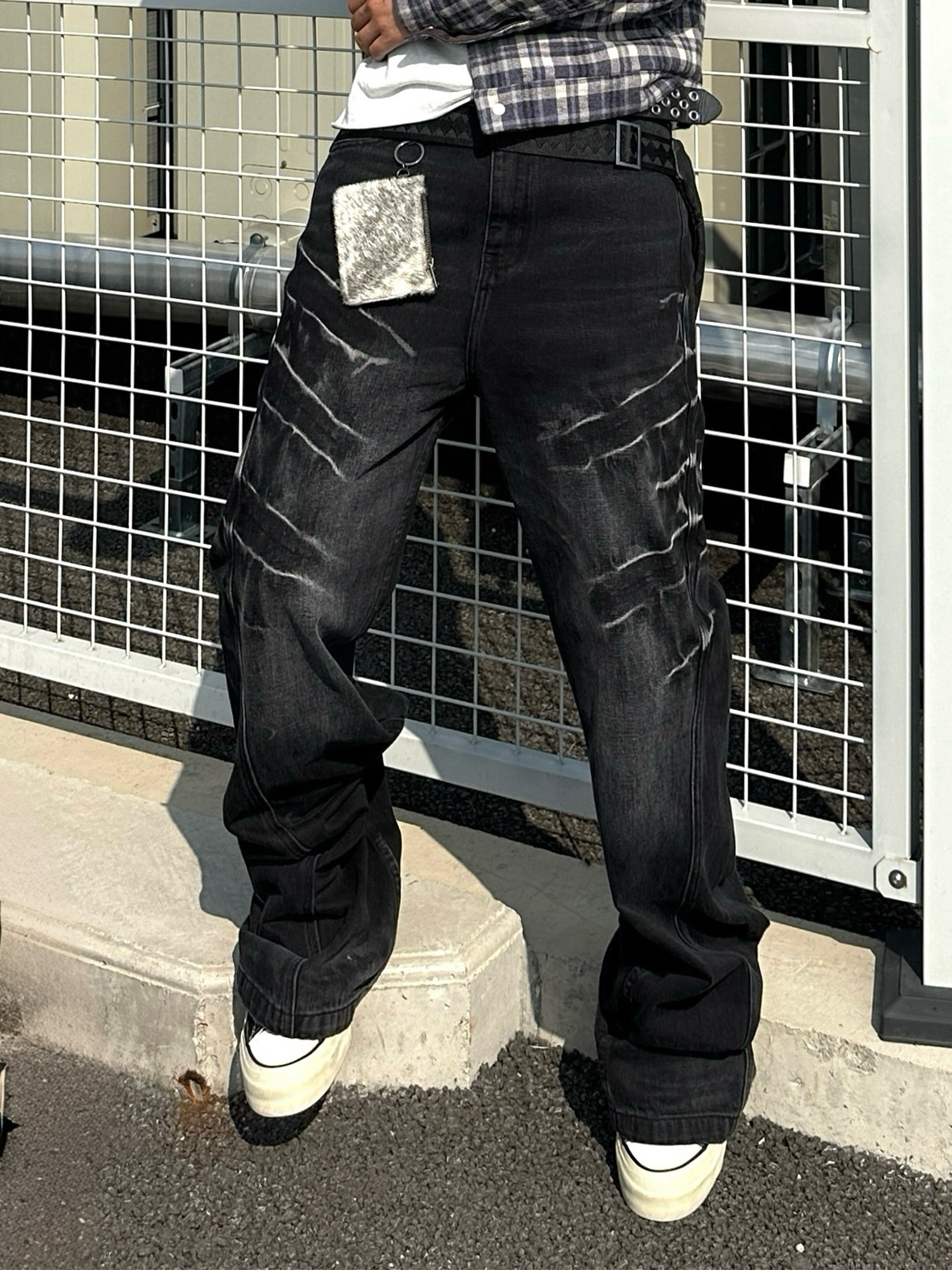 TH4SWE Washed Cracked Whisker Flared Jeans-Jeans-XS-Free Shipping Leatheretro