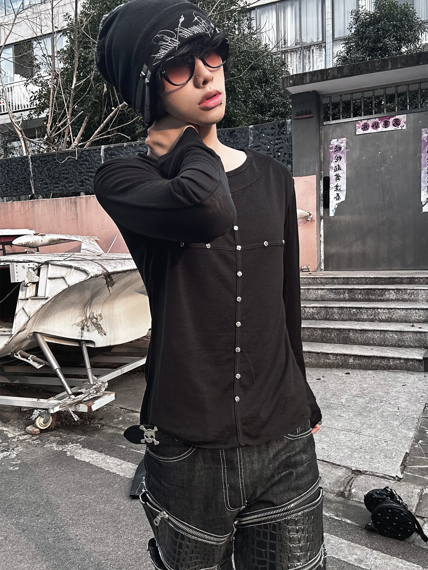 TH4SWE Layered-Collar Studded Henley Long-Sleeve Tee-L/S Tee-S-Free Shipping Leatheretro