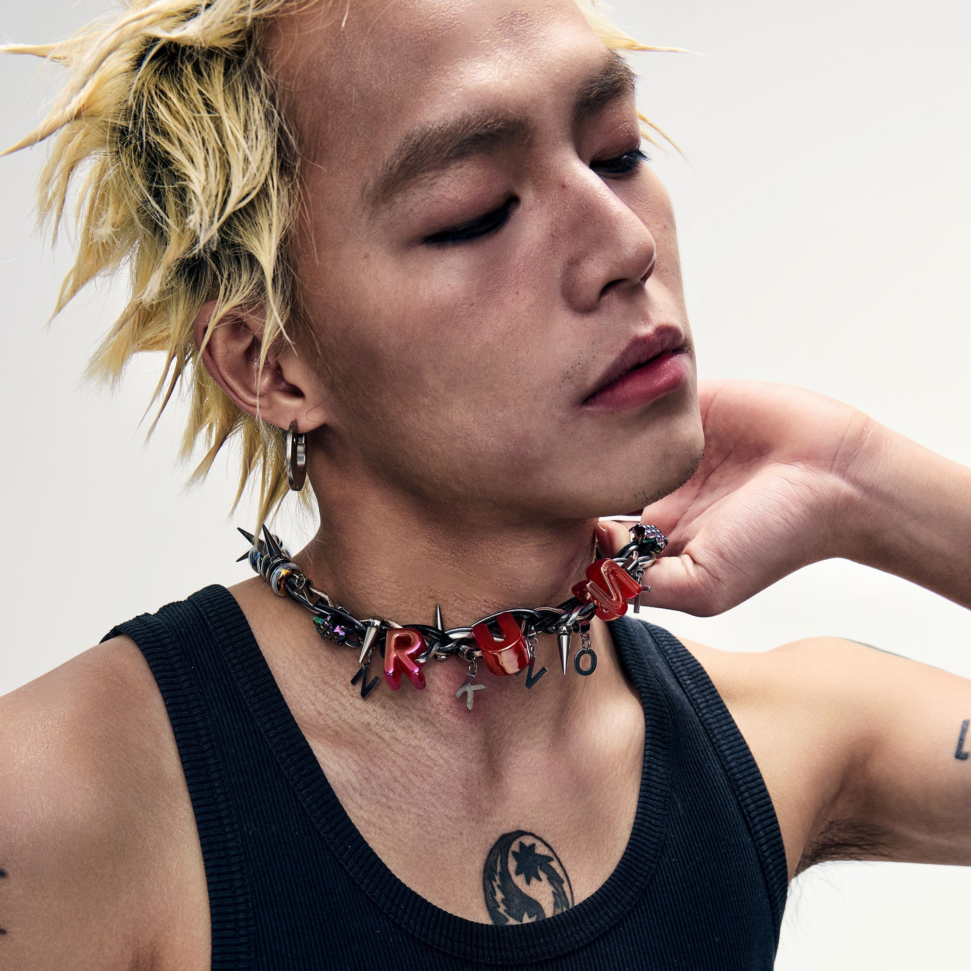 NUNKNOTX Bubble Letter Spiked Choker-Earring-Standard Length (Preorder)-Red-Free Shipping Leatheretro
