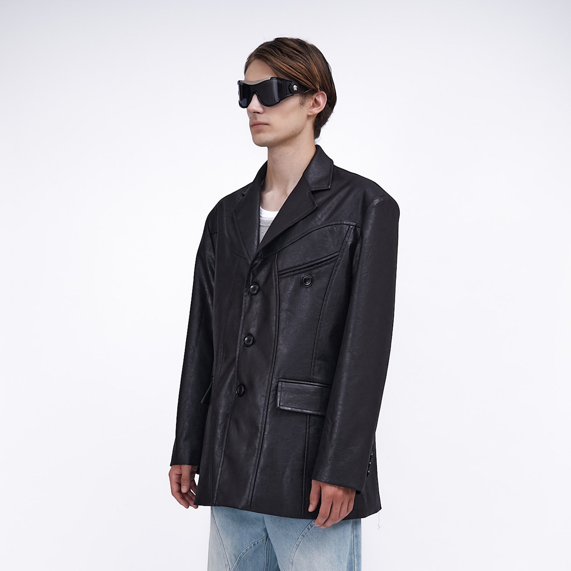 ASSEEN Oversized Faux Leather Curved Stitch Blazer-Jacket-S-Free Shipping Leatheretro