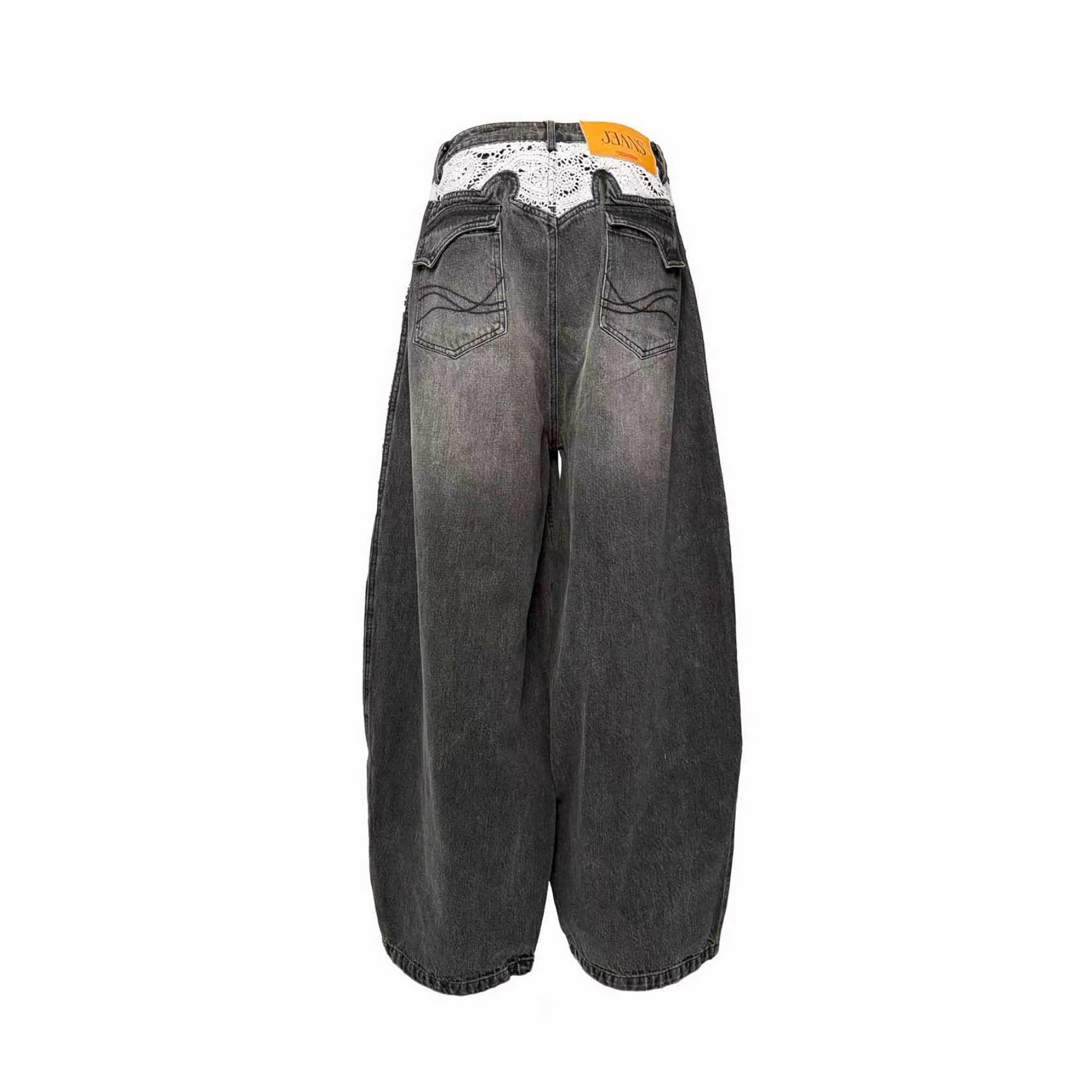 PCCVISION Lace Spliced Washed Wide-Leg Jeans-Jeans-S-Black-Free Shipping Leatheretro