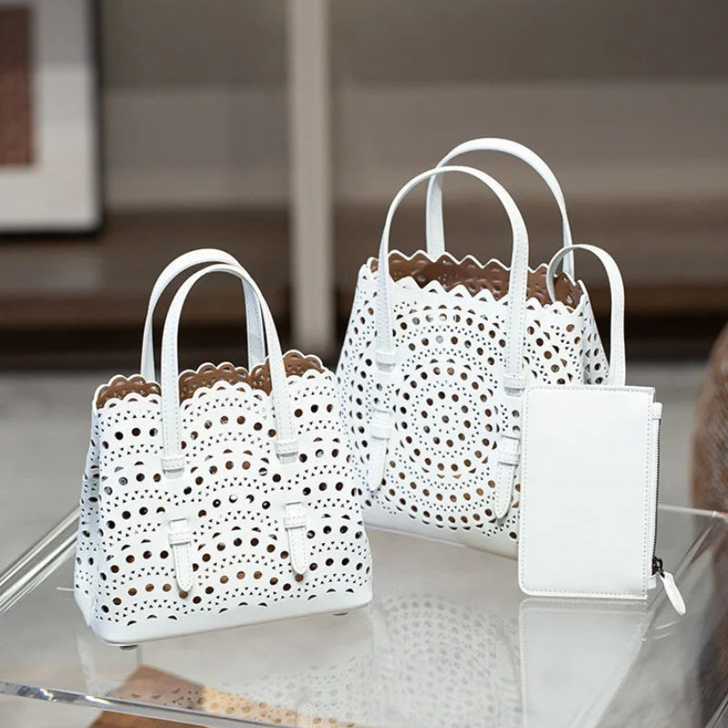 French Handmade Cowhide Leather Tote Bag - Vegetable Basket Versatile Handbag-Shopper Bag-White-Width 18 cm * Height 16 cm * Depth 8.5 cm-Free Shipping Leatheretro