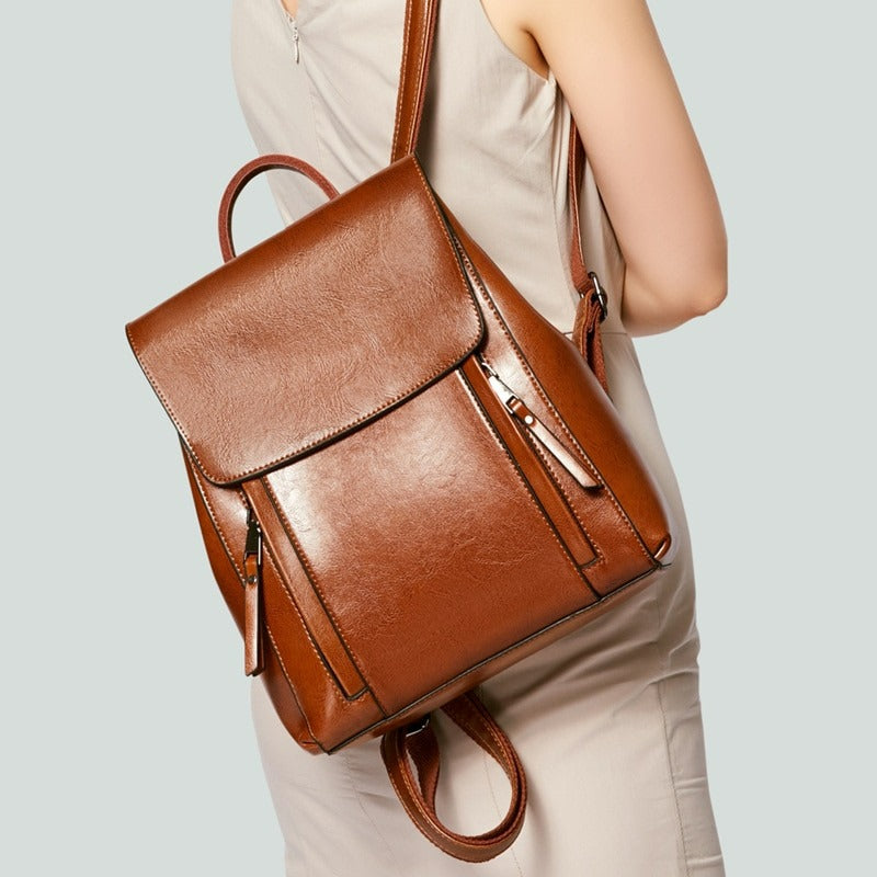 Women Genuine Leather Shoulder Backpack-Backpacks-Brown-Free Shipping Leatheretro