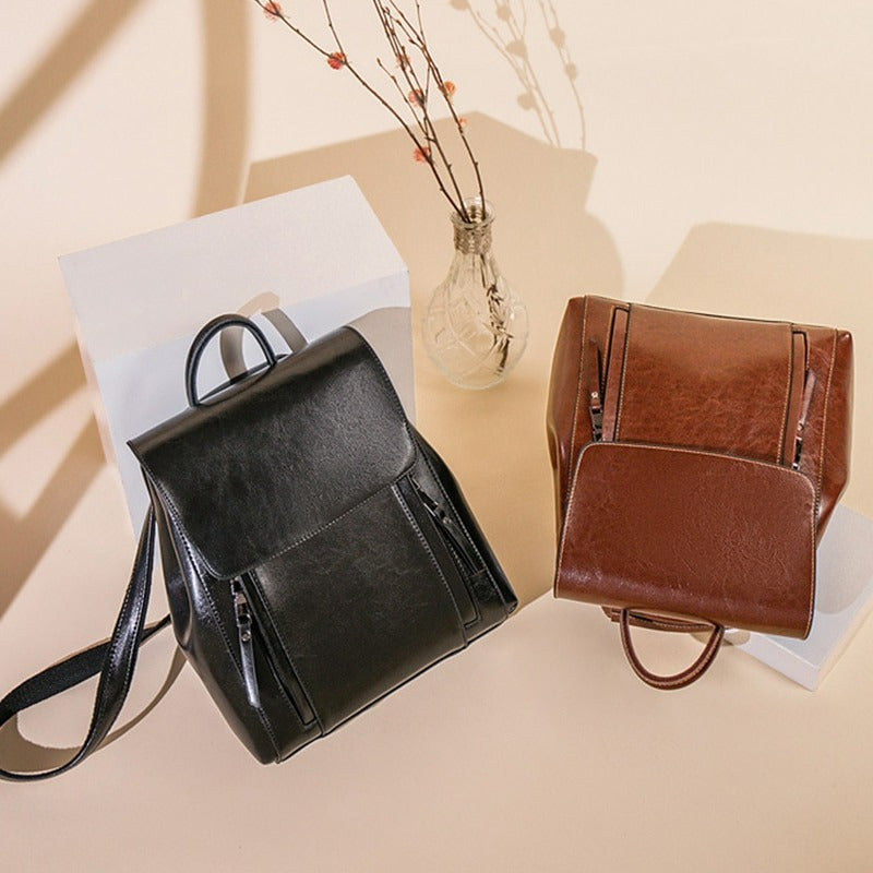 Women Genuine Leather Shoulder Backpack-Backpacks-Brown-Free Shipping Leatheretro
