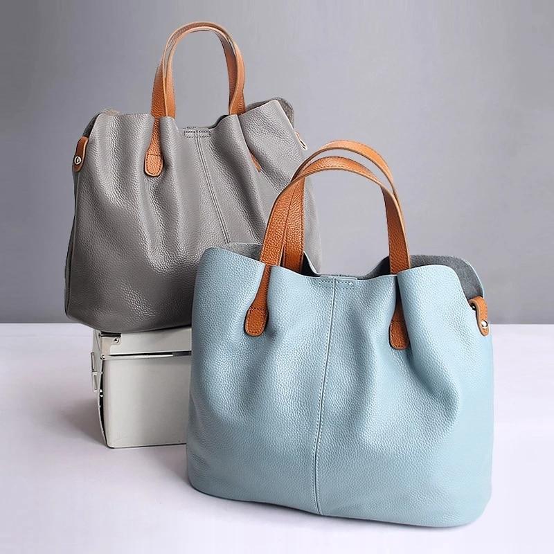 Genuine Leather Handbags Head Layer Cowhide Litchi Grain Women Handbag-Handbags-Gray-Free Shipping Leatheretro