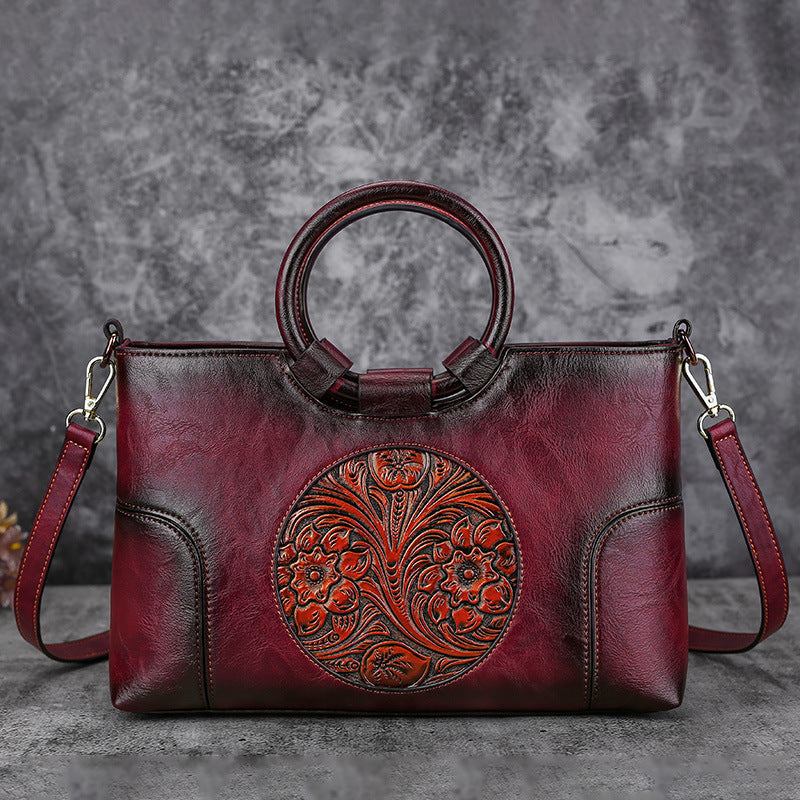 Women Retro Handmade Embossed Shoulder Bag-Handbags-Dark Red-Free Shipping Leatheretro