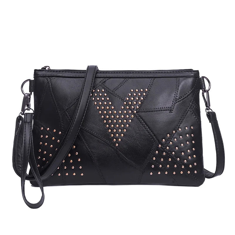 Women’s Black Rivet Shoulder Bag – Small Crossbody Messenger Handbag-Handbags-Black-Free Shipping Leatheretro