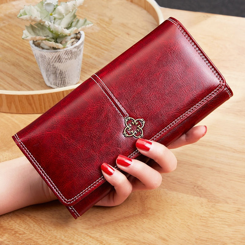 Women's Leather luxury Long Wallet-Wallets & Money Clips-Burgundy-Free Shipping Leatheretro