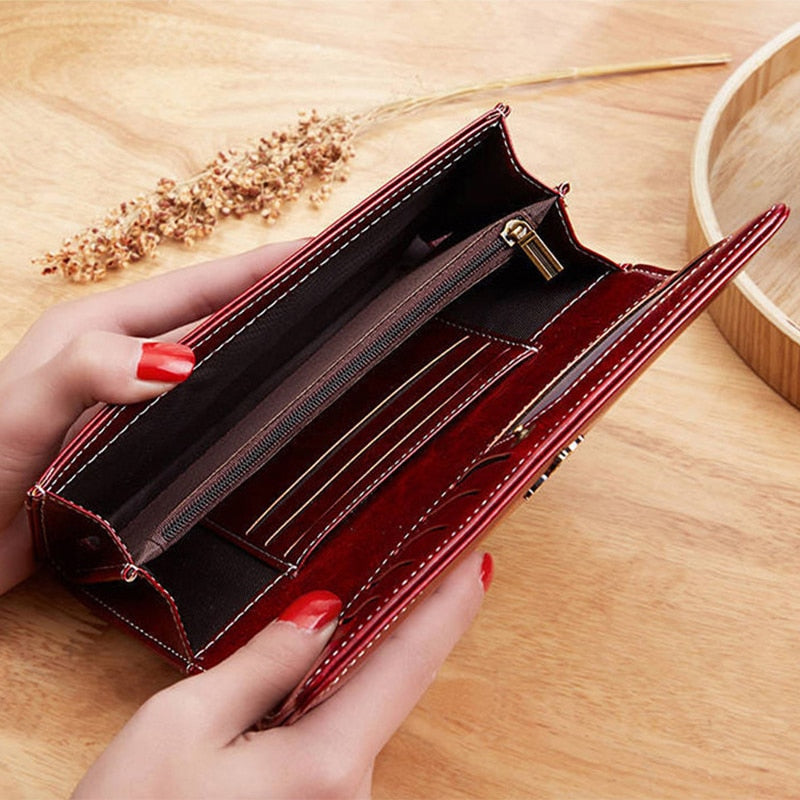 Women's Leather luxury Long Wallet-Wallets & Money Clips-Khaki-Free Shipping Leatheretro
