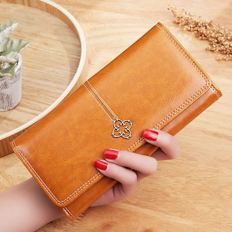Women's Leather luxury Long Wallet-Wallets & Money Clips-Khaki-Free Shipping Leatheretro
