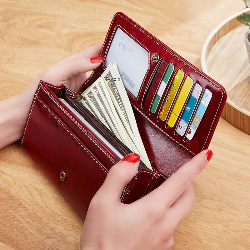 Women's Leather luxury Long Wallet-Wallets & Money Clips-Khaki-Free Shipping Leatheretro