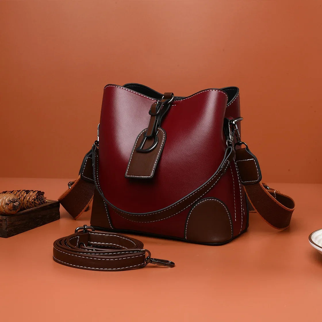 Women's Luxury Travel Bag– Retro Textured Bucket Shoulder & Crossbody Bag-Tote Bag-Burgundy-Free Shipping Leatheretro
