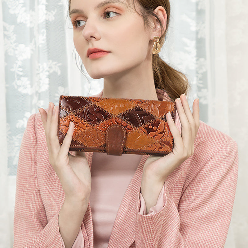 Women's Retro Leather Embossed Floral Wallet-Wallets & Money Clips-Floral-Free Shipping Leatheretro