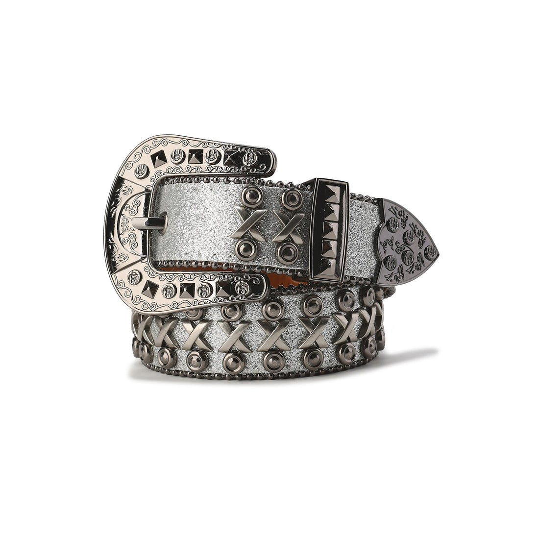 CYCYCY Cross Studded Filigree Leather Belt Gray-Accessories-One Size-Free Shipping Leatheretro