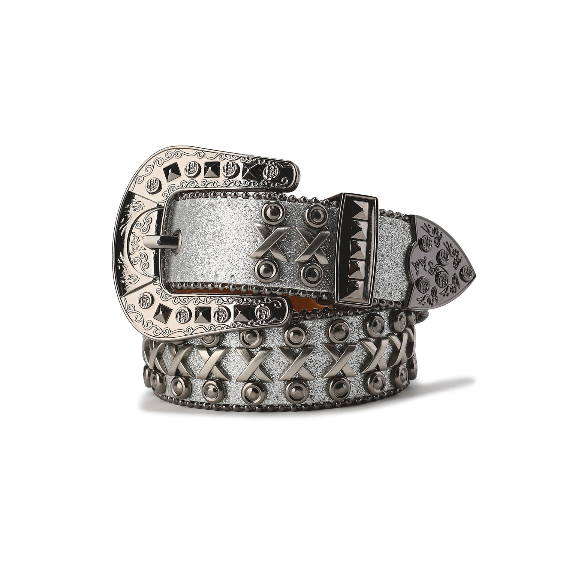 CYCYCY Cross Studded Filigree Leather Belt Gray-Accessories-One Size-Free Shipping Leatheretro