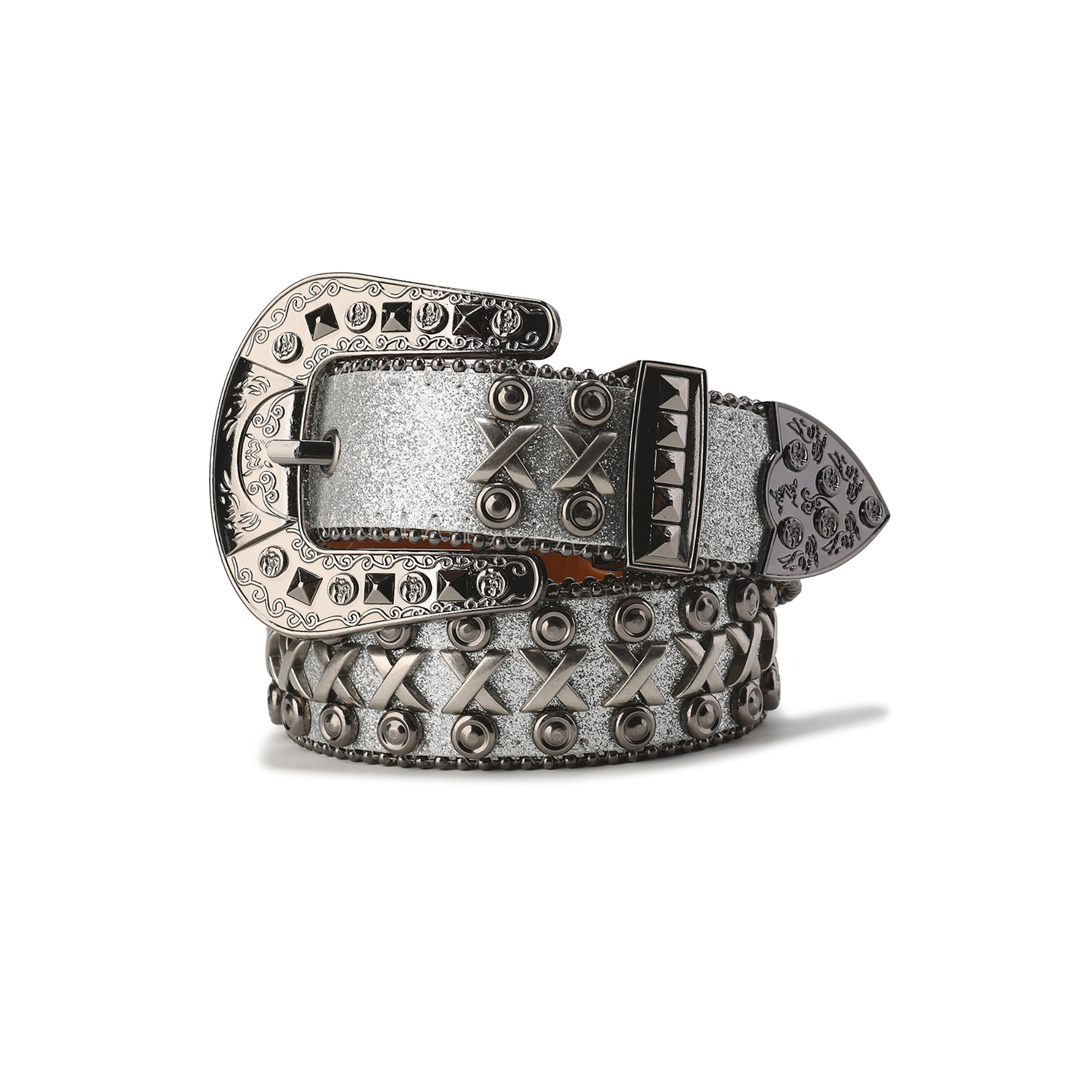 CYCYCY Cross Studded Filigree Leather Belt Gray-Accessories-One Size-Free Shipping Leatheretro