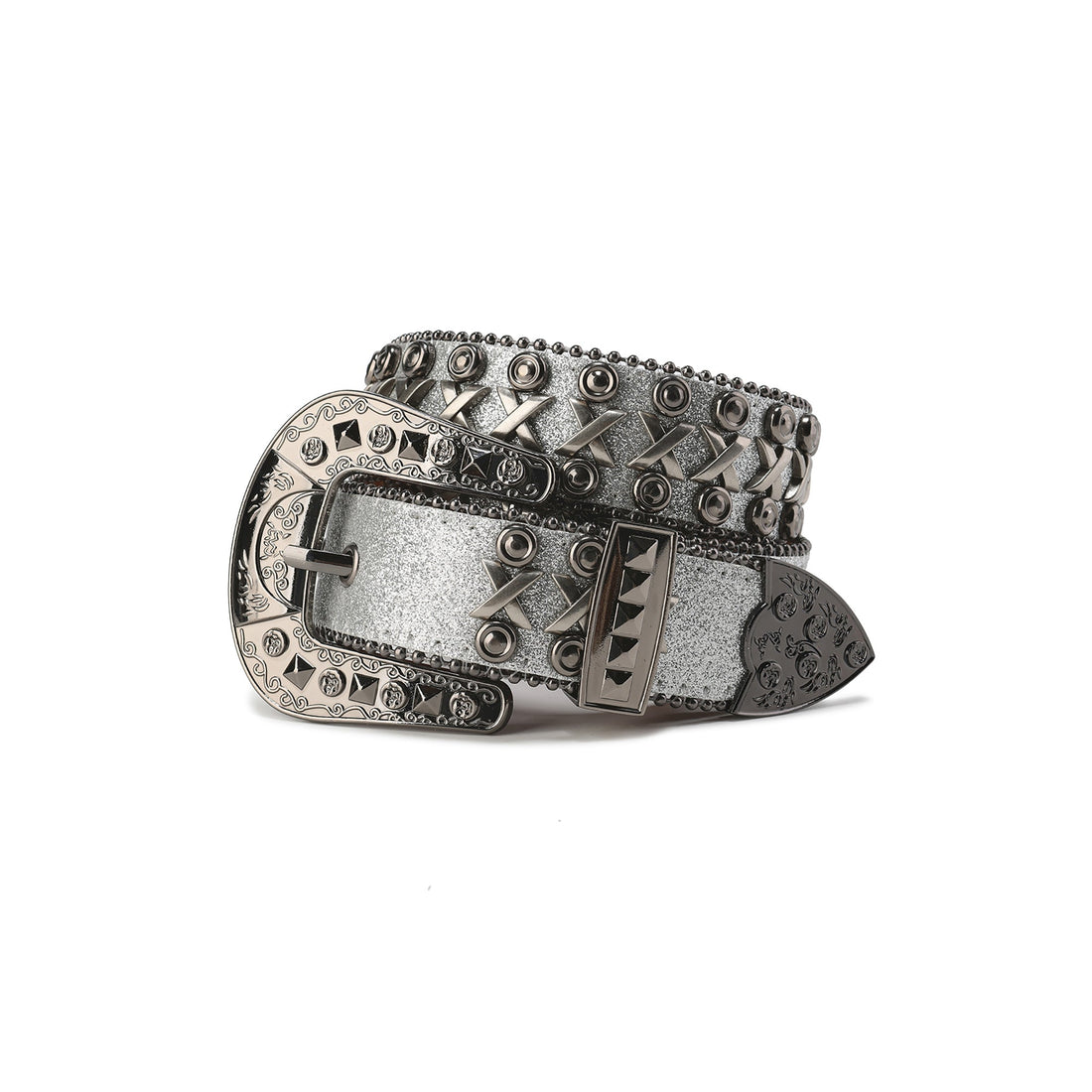 CYCYCY Cross Studded Filigree Leather Belt Gray-Accessories-One Size-Free Shipping Leatheretro
