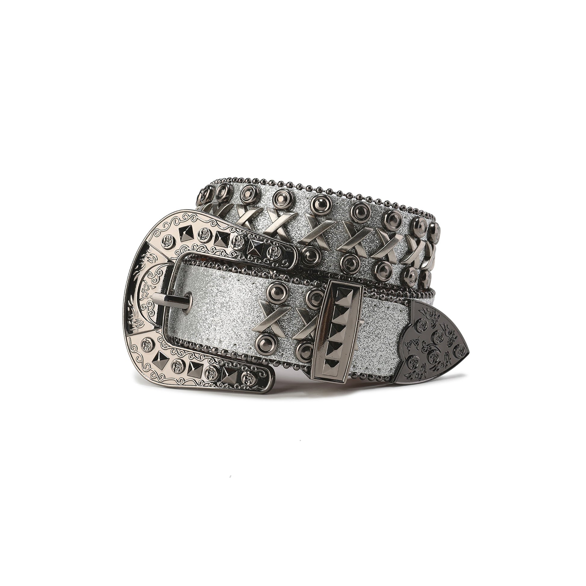 CYCYCY Cross Studded Filigree Leather Belt Gray-Accessories-One Size-Free Shipping Leatheretro