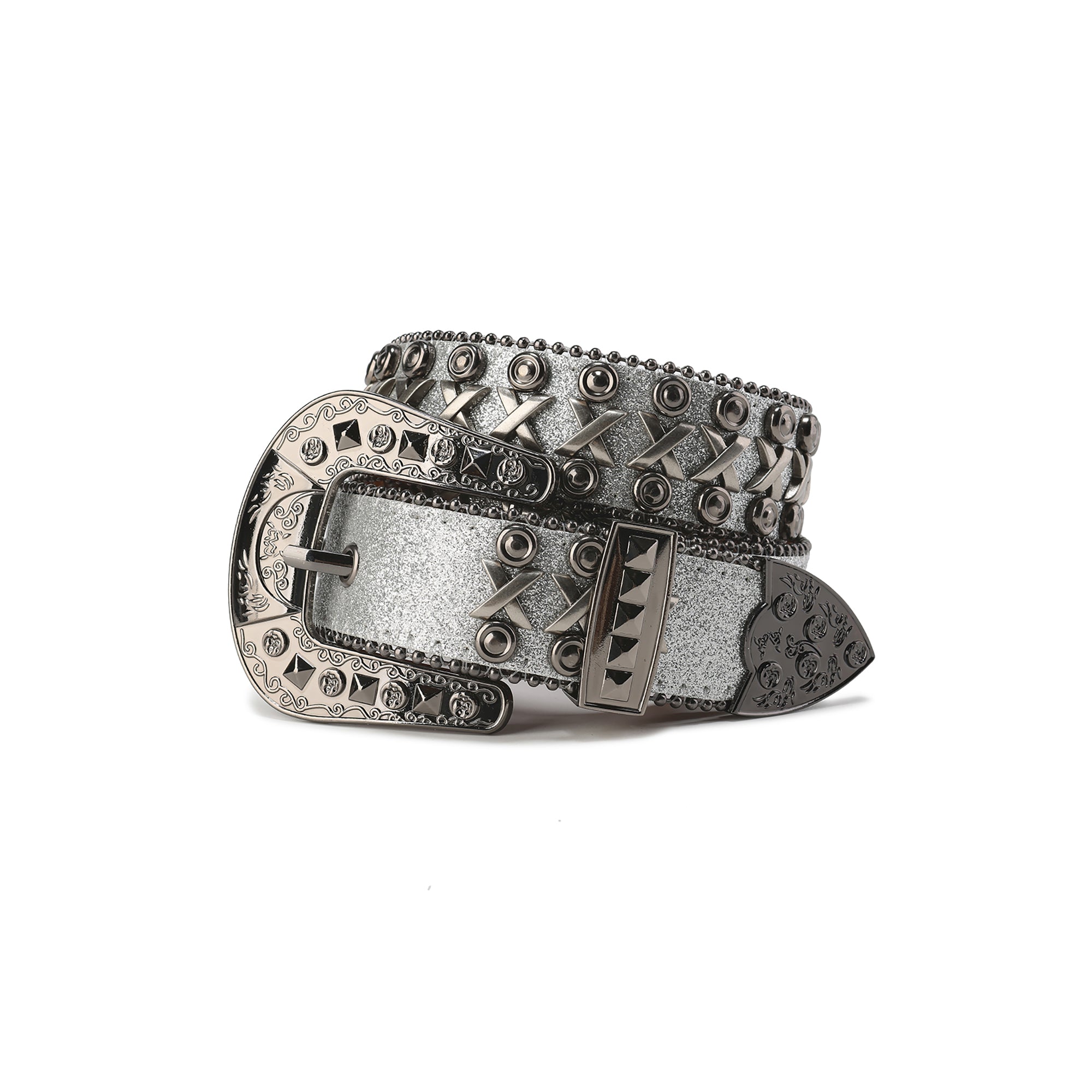 CYCYCY Cross Studded Filigree Leather Belt Gray-Accessories-One Size-Free Shipping Leatheretro