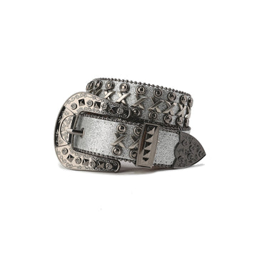 CYCYCY Cross Studded Filigree Leather Belt Gray-Accessories-One Size-Free Shipping Leatheretro