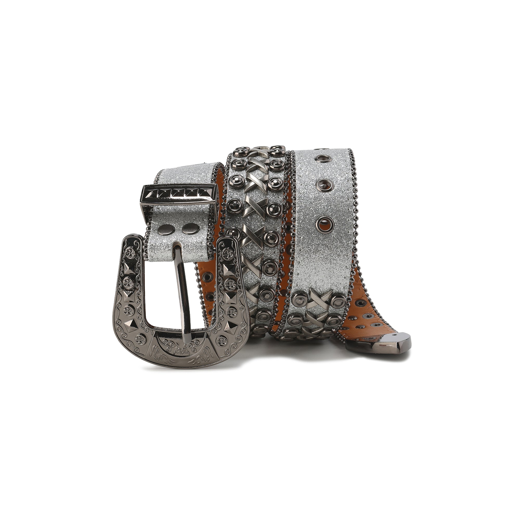CYCYCY Cross Studded Filigree Leather Belt Gray-Accessories-One Size-Free Shipping Leatheretro