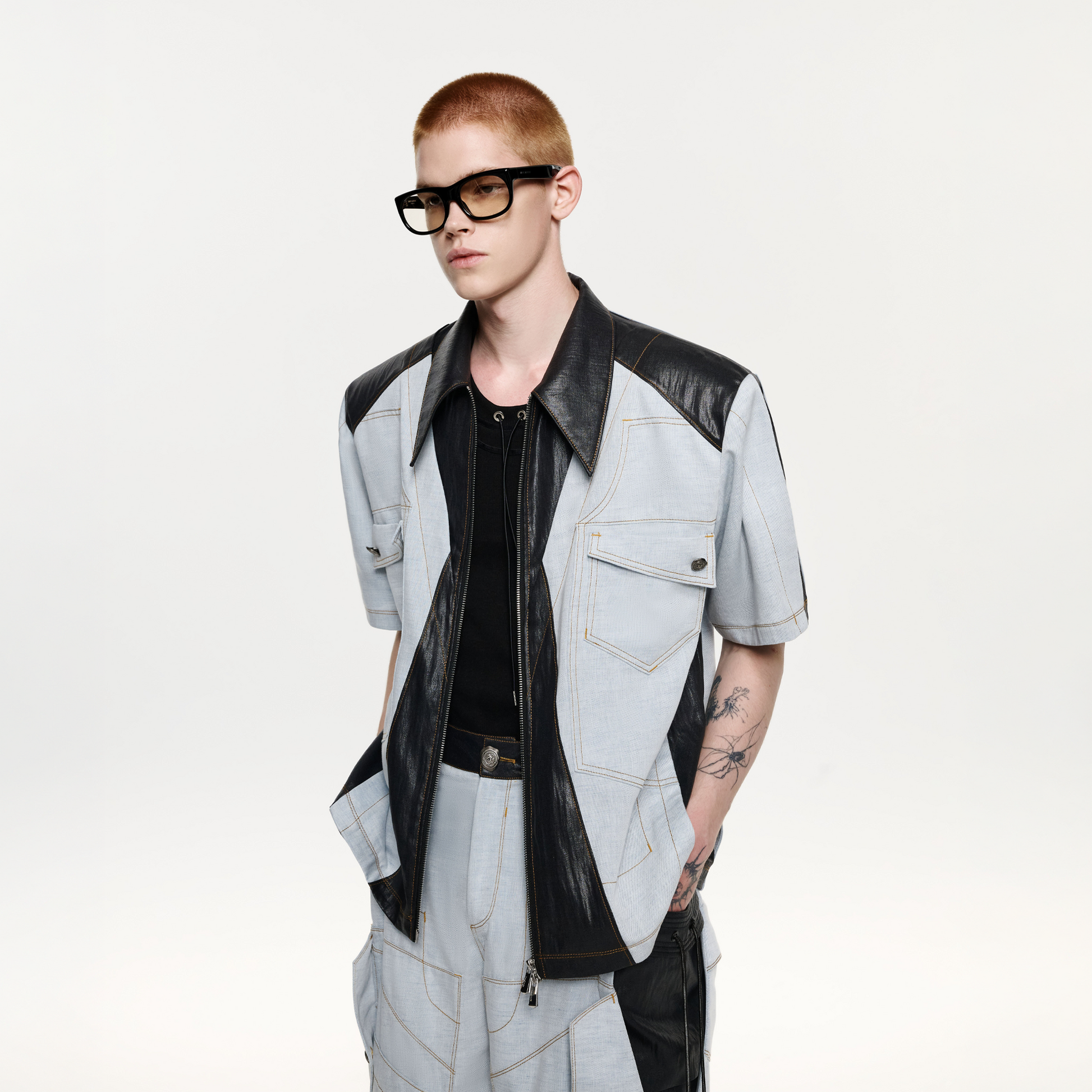 TIWILLTANG Contrast Stitch Paneled Zip-Up Half Shirt-Half shirt-S-Blue-Free Shipping Leatheretro