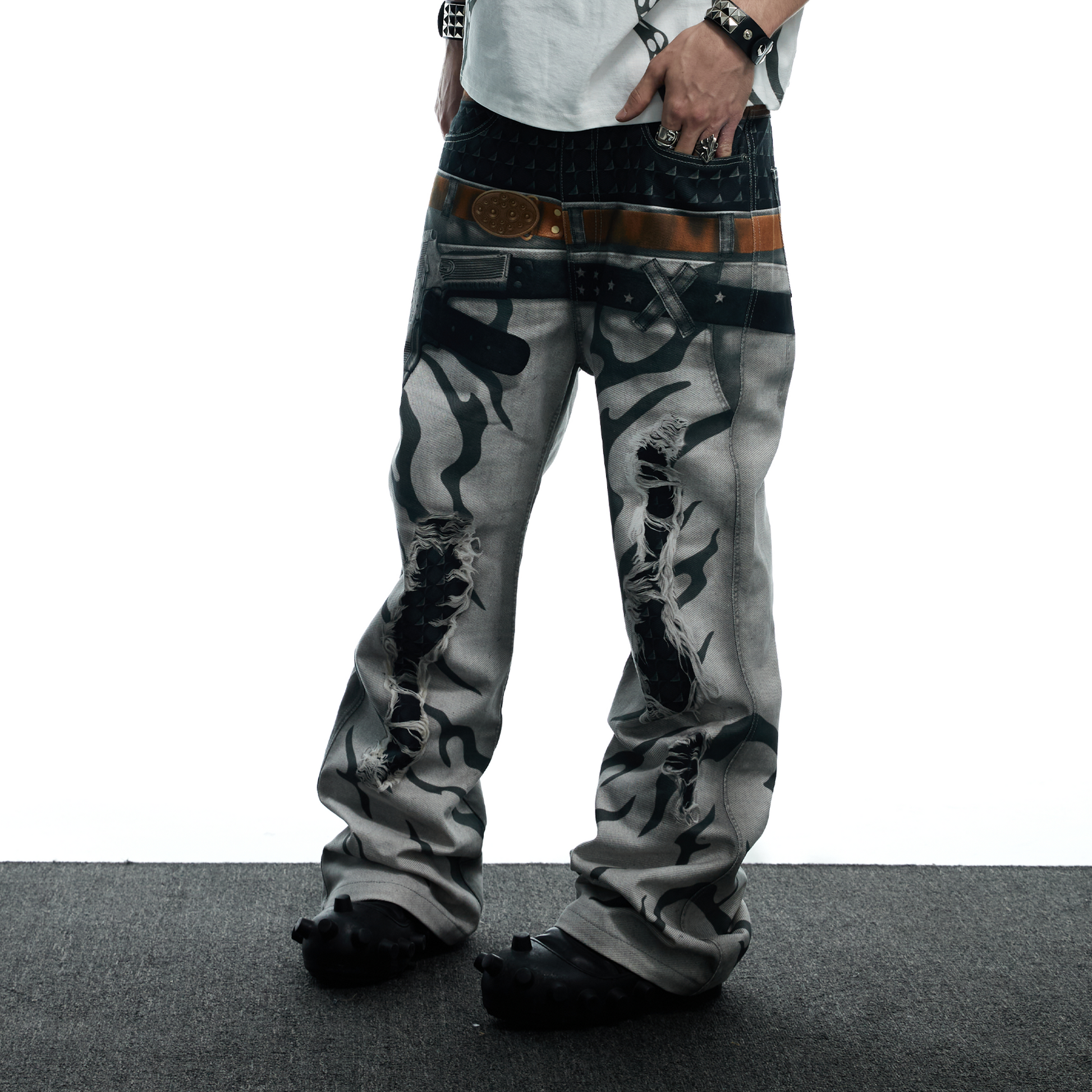 DND4DES Distressed Print Double-Waist Flare Jeans White-Jeans-XS-Free Shipping Leatheretro
