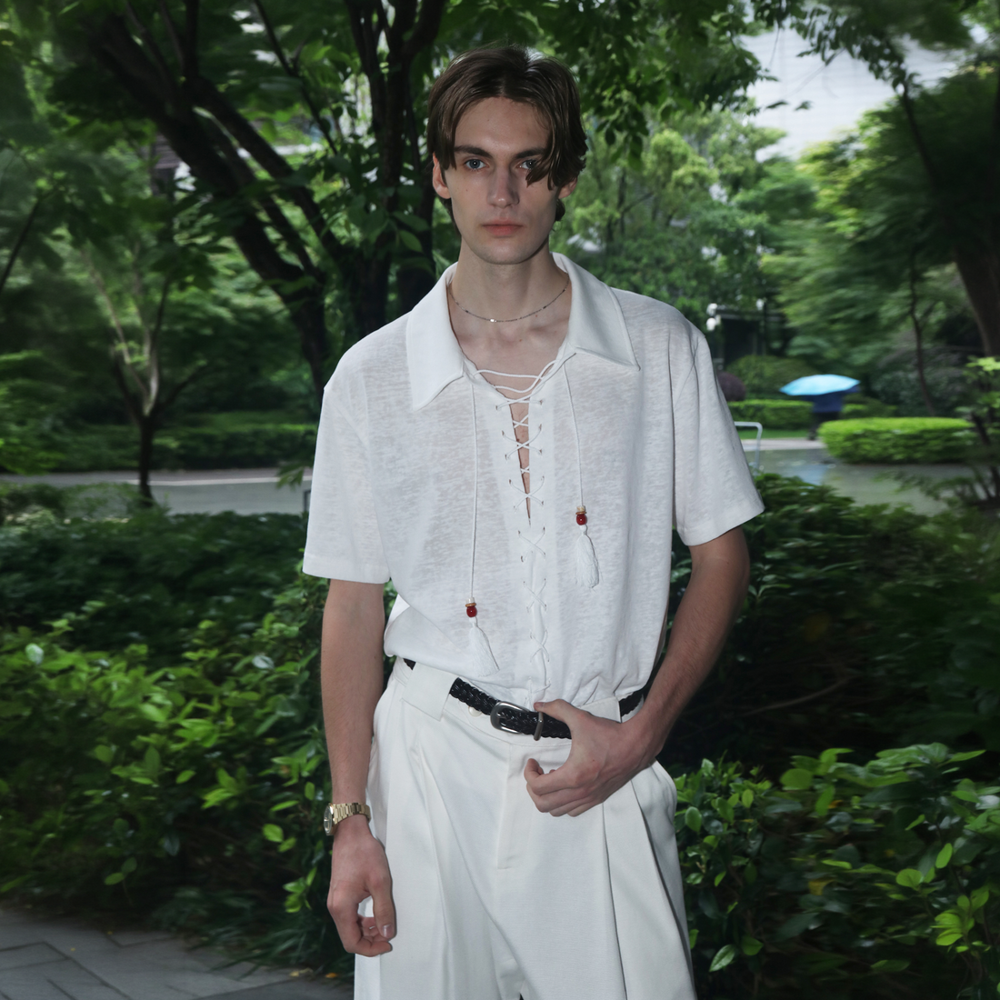 ASSEEN Tassel Lace-Up Short-Sleeve Polo Tee-T Shirt-S-Free Shipping Leatheretro
