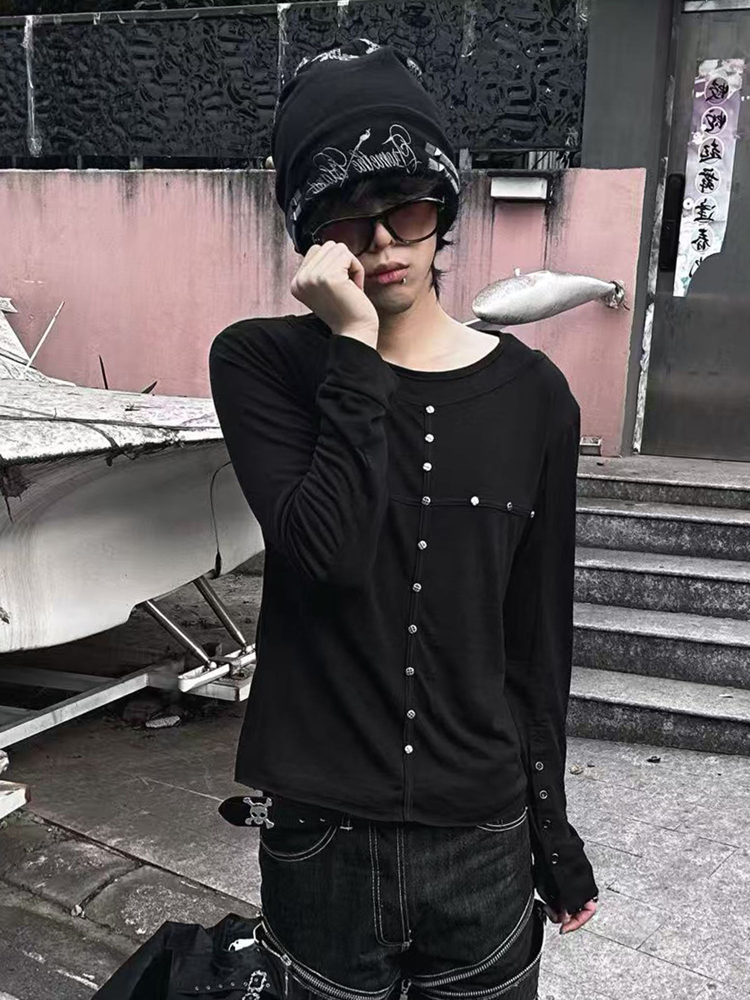 TH4SWE Layered-Collar Studded Henley Long-Sleeve Tee-L/S Tee-S-Free Shipping Leatheretro