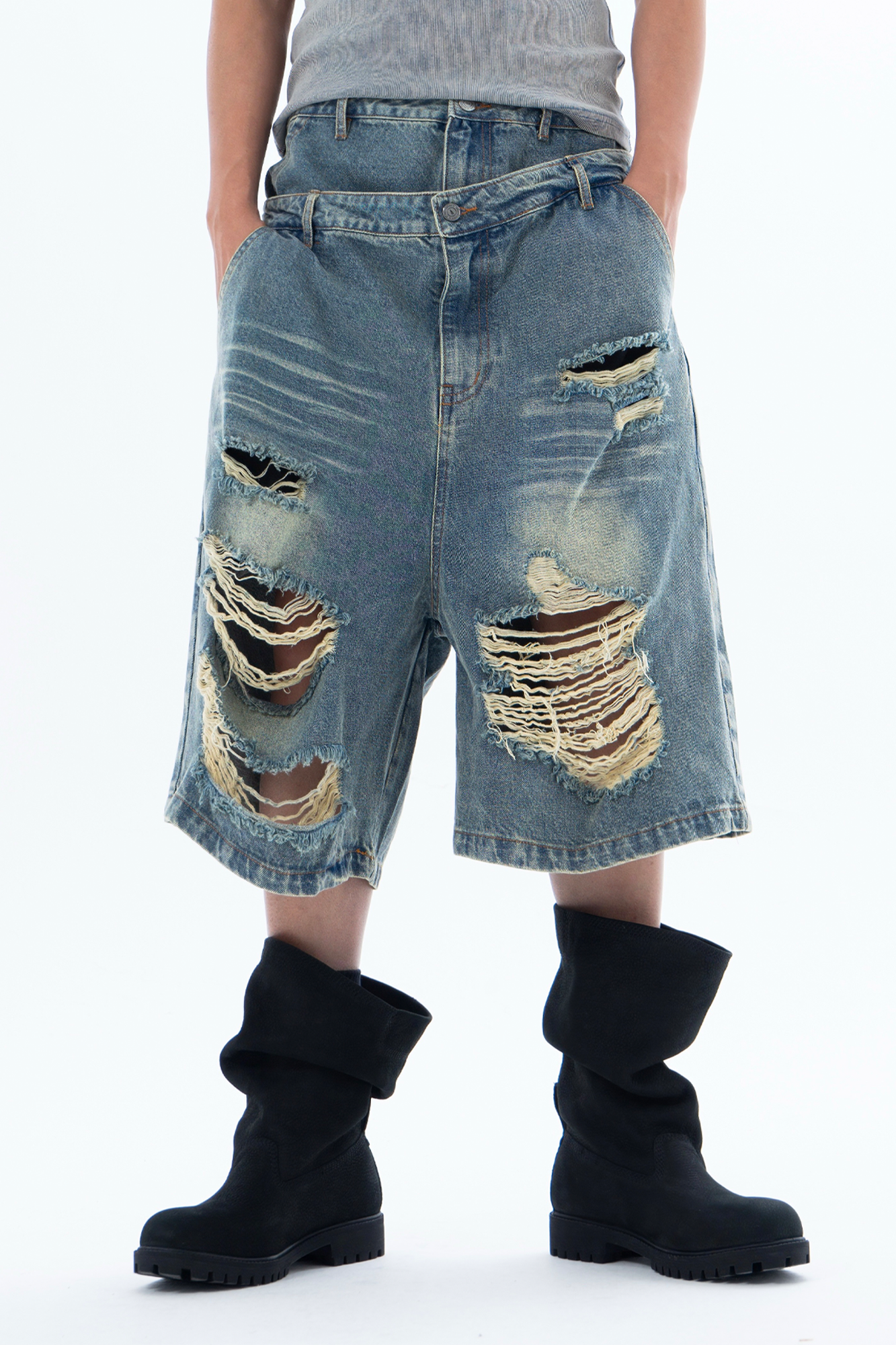 CLP Distressed Double-Waist Denim Shorts-Shorts-M / 31"-Blue-Free Shipping Leatheretro