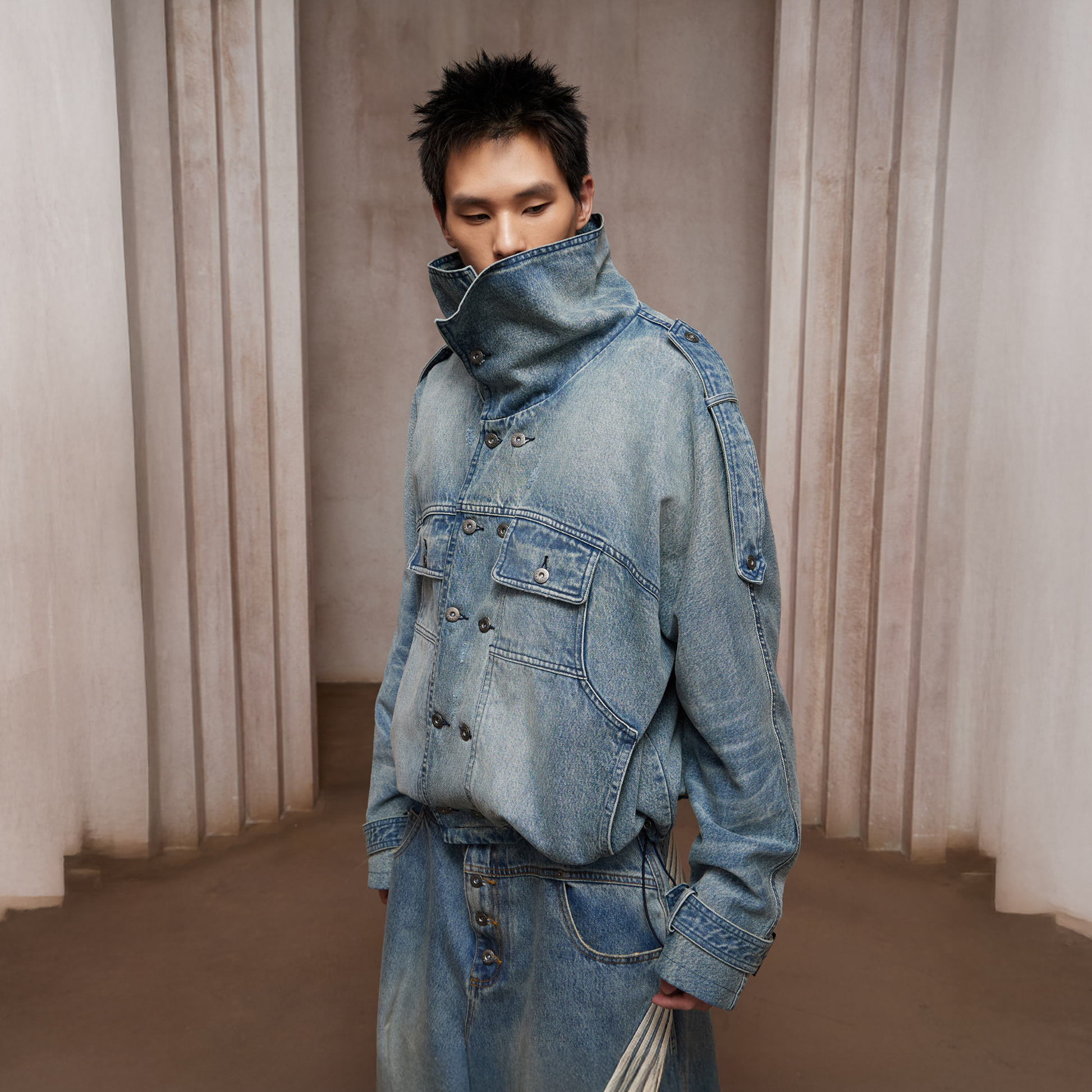 DND4DES Washed Double-Breasted Multi-Pocket Denim Bomber-Jacket-S (Preorder)-Free Shipping Leatheretro