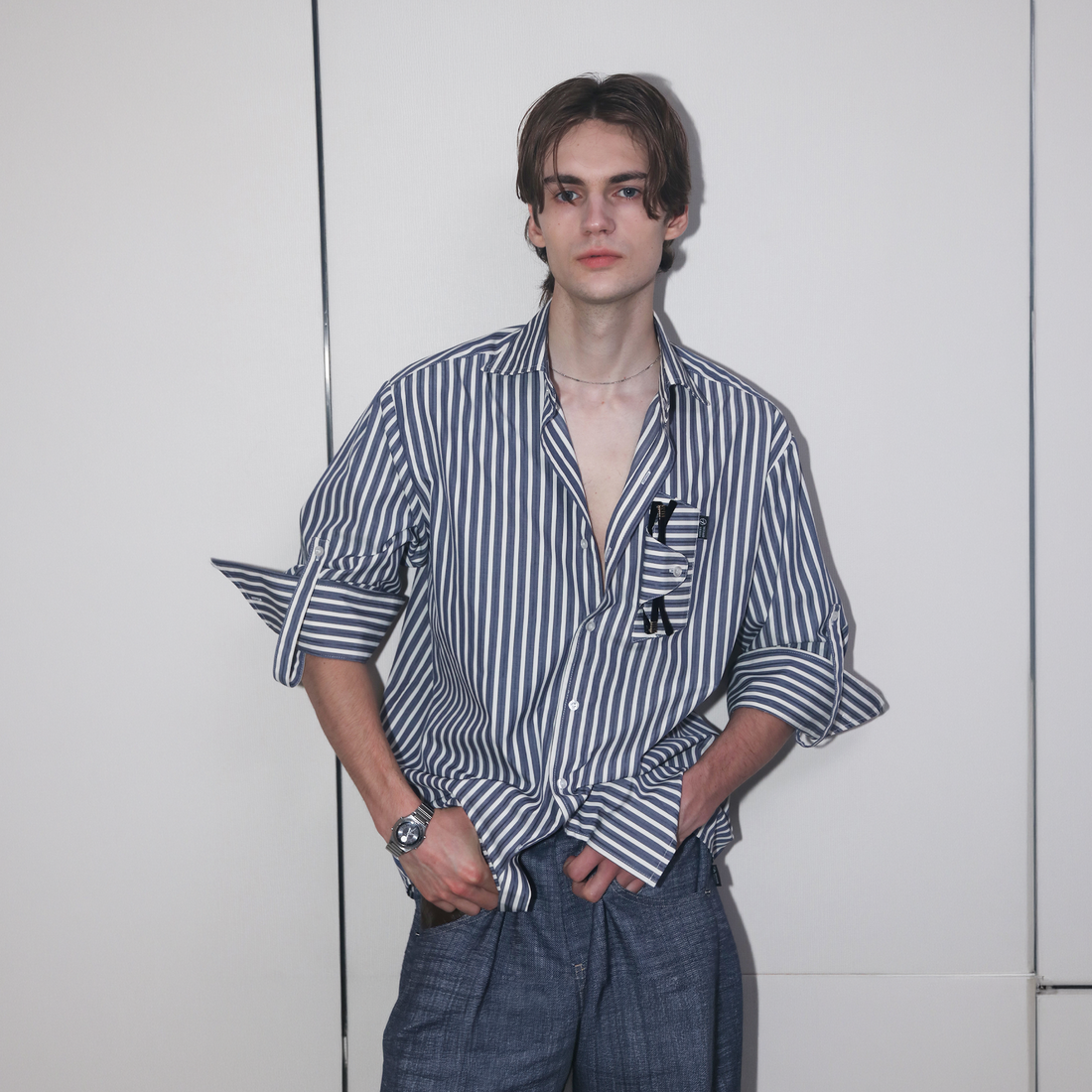 ASSEEN Striped Glasses Pocket Half Shirt Blue-Half shirt-S-Free Shipping Leatheretro