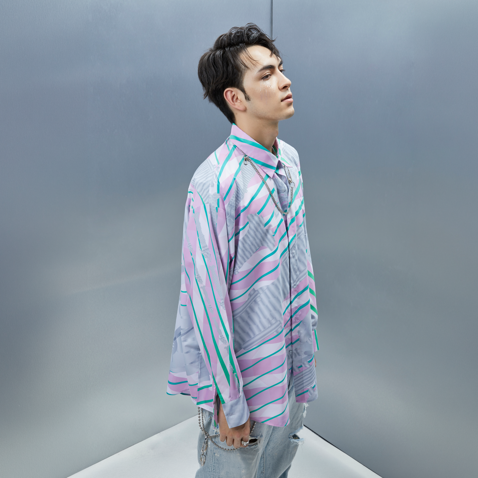 MASH UP ASIA Abstract Stripe Oversized Shirt-Shirt-M-Blue-Free Shipping Leatheretro